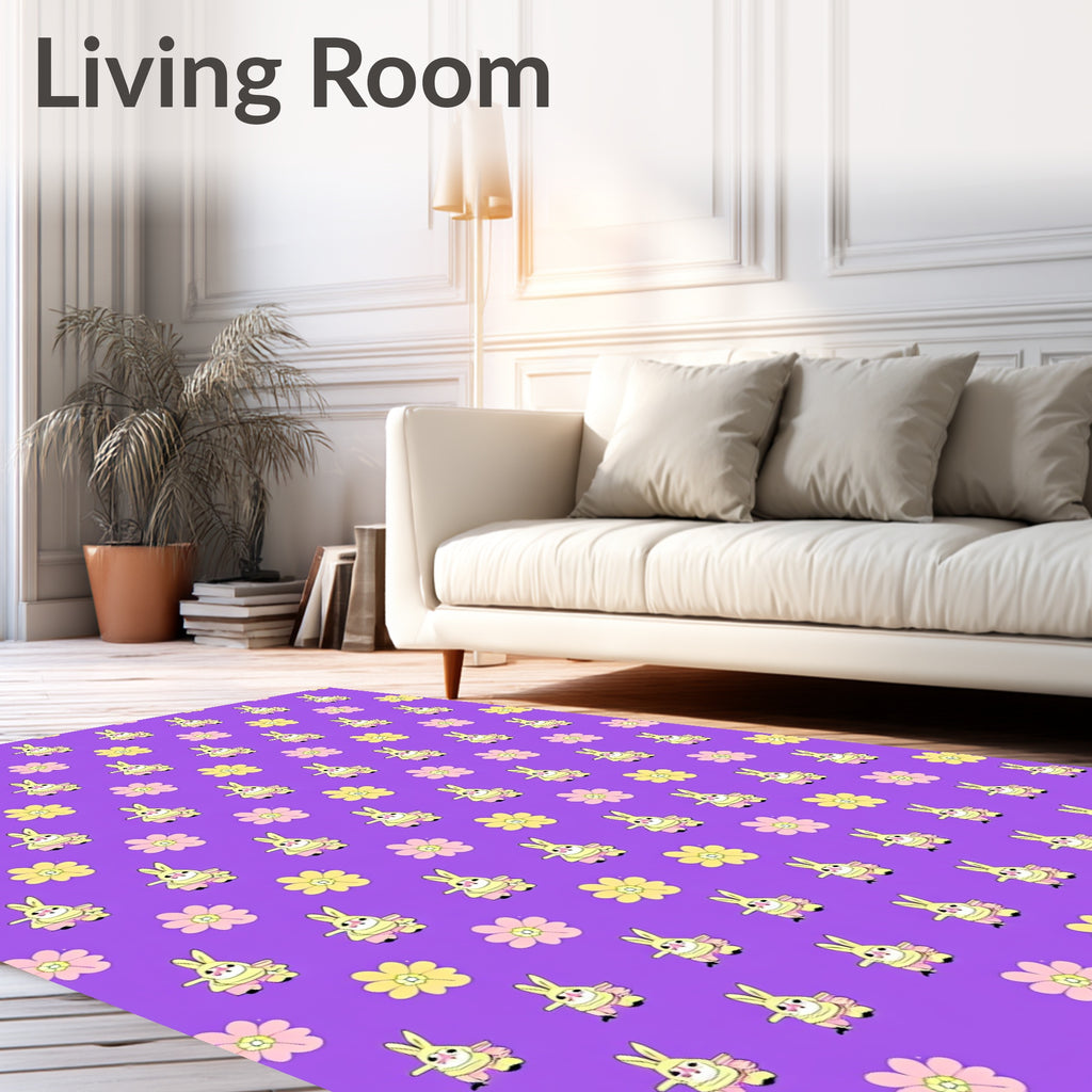 Playful Purple Bunny Flower Field Rug