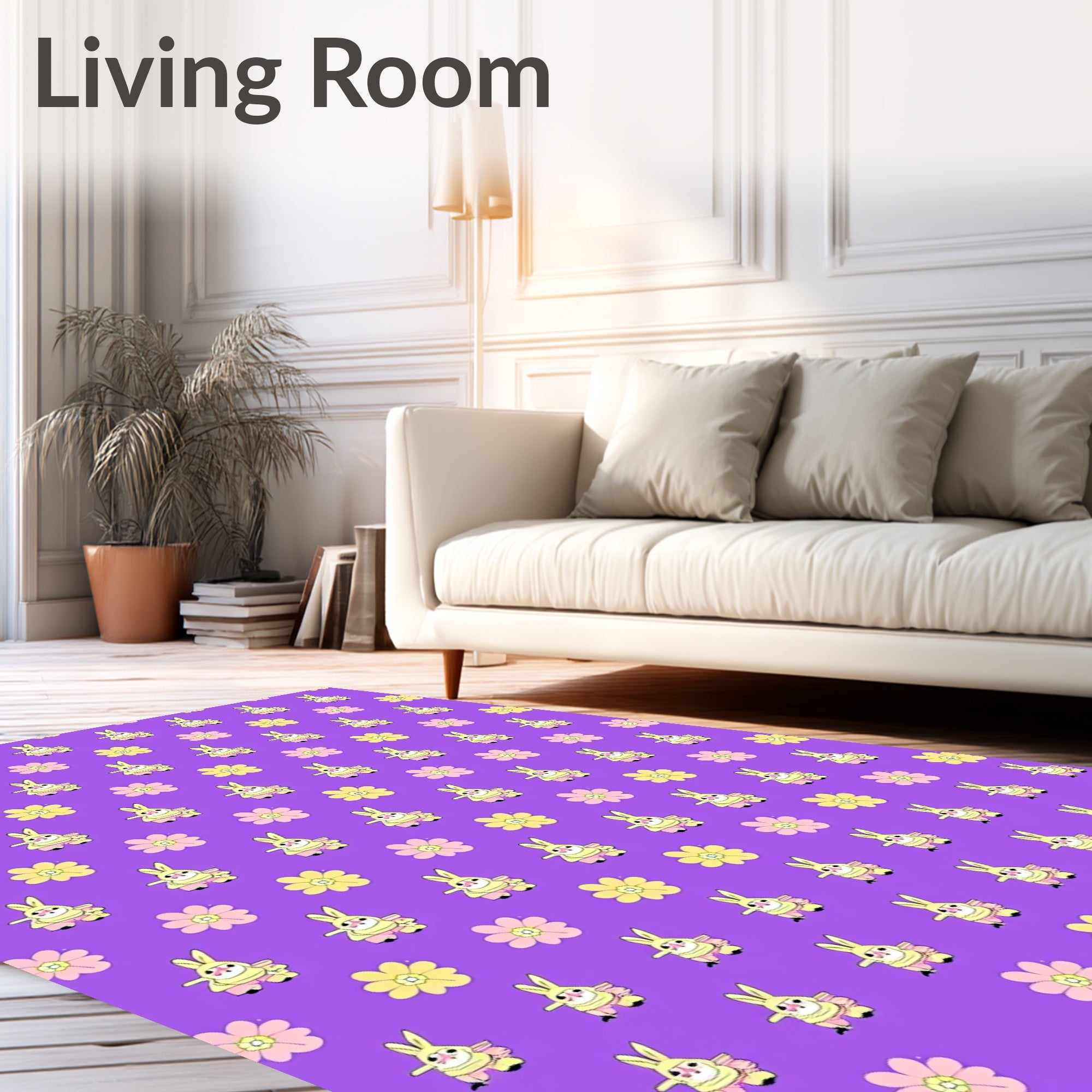 Playful Purple Bunny Flower Field Rug