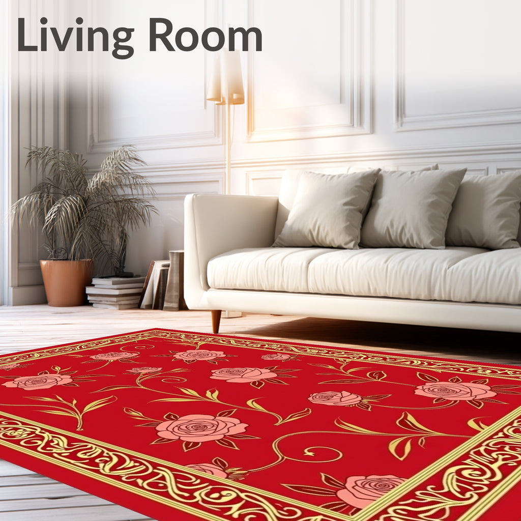 Crimson Rose Floral Ornate Border Rug