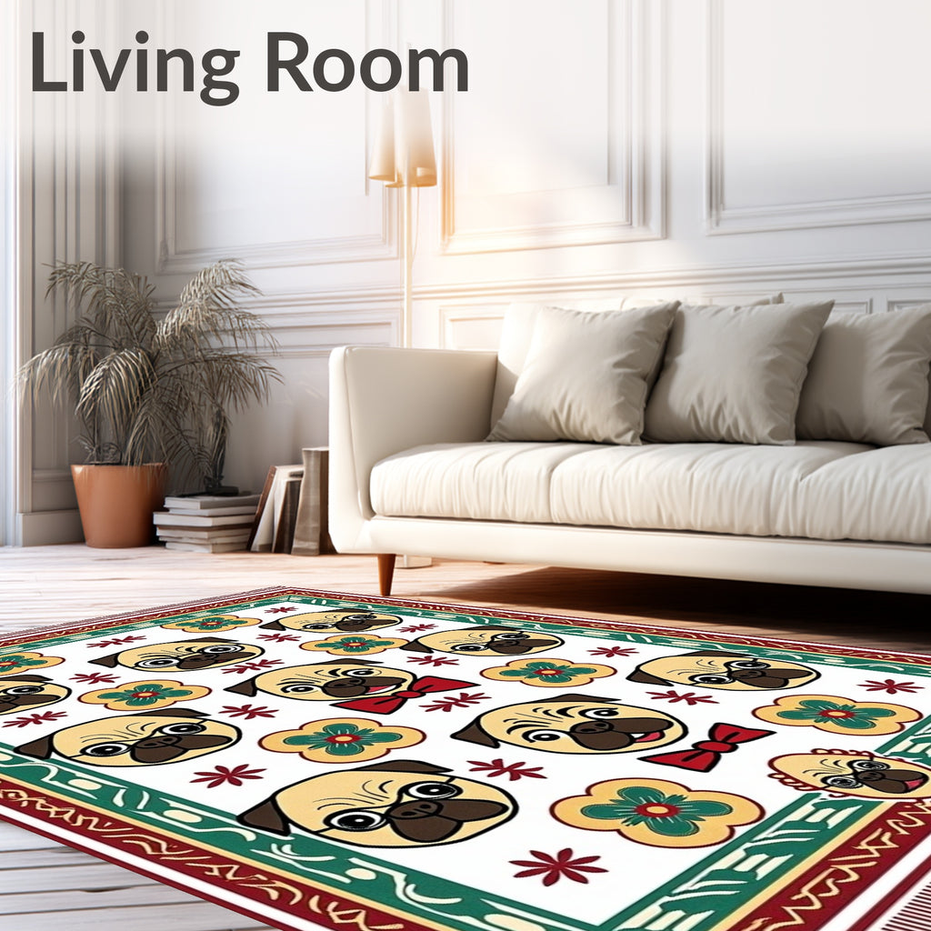 Cute Pug Faces Floral Border Rug