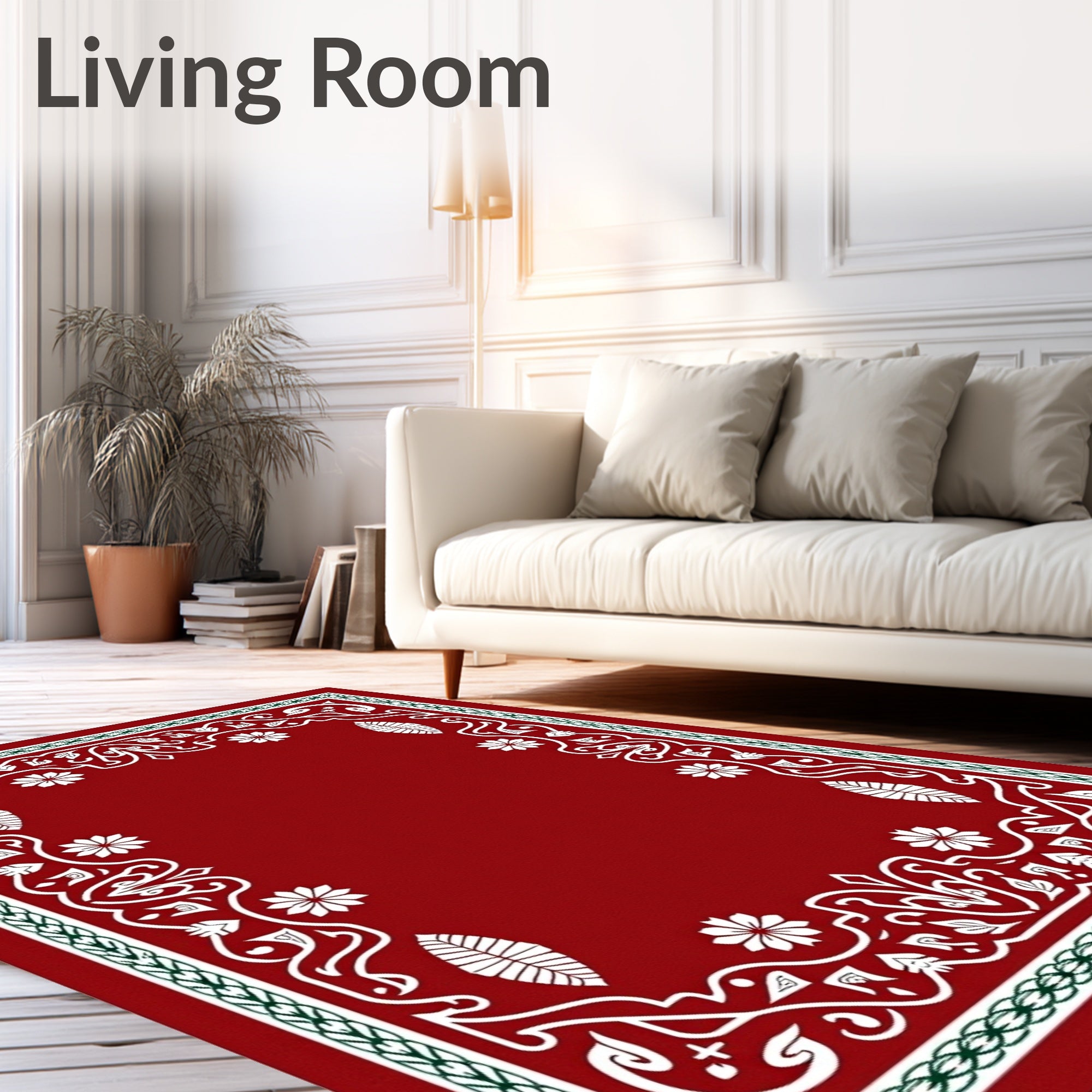 Red White Green Floral Garland Border Rug