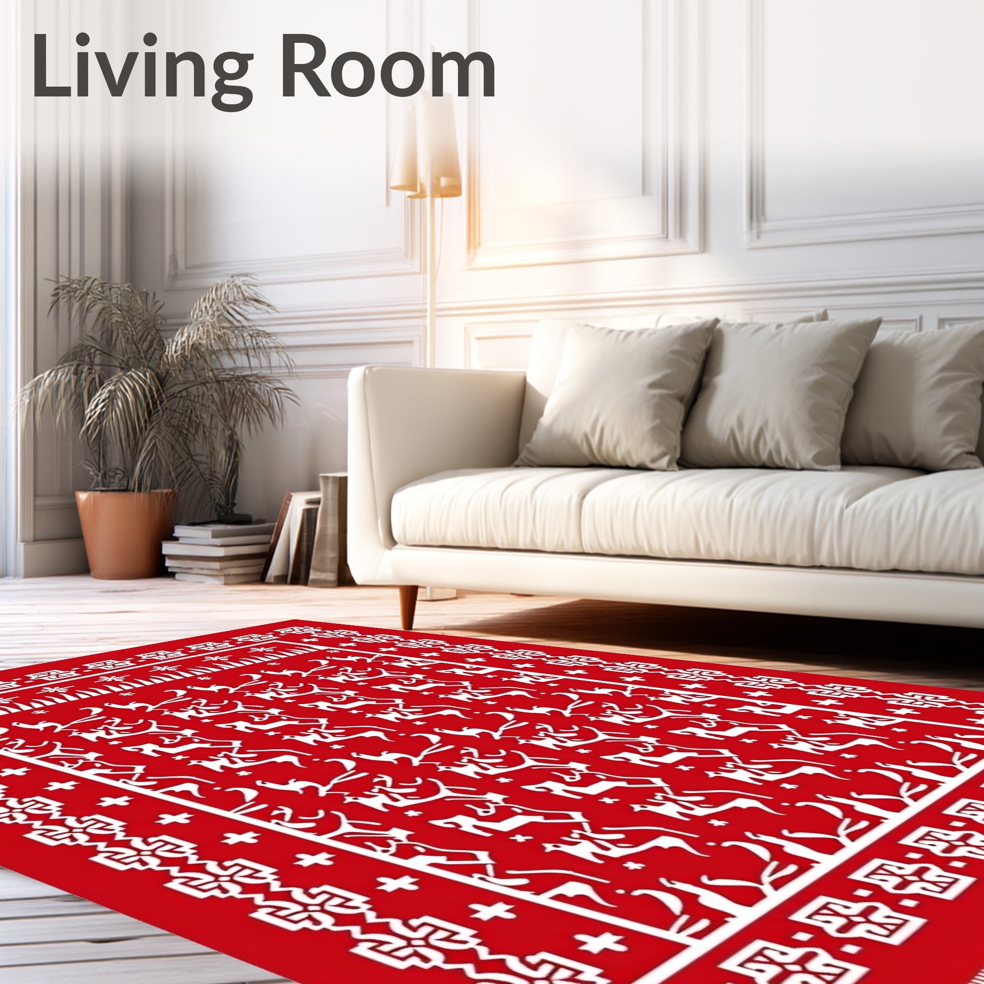Red White Reindeer Festive Border Rug