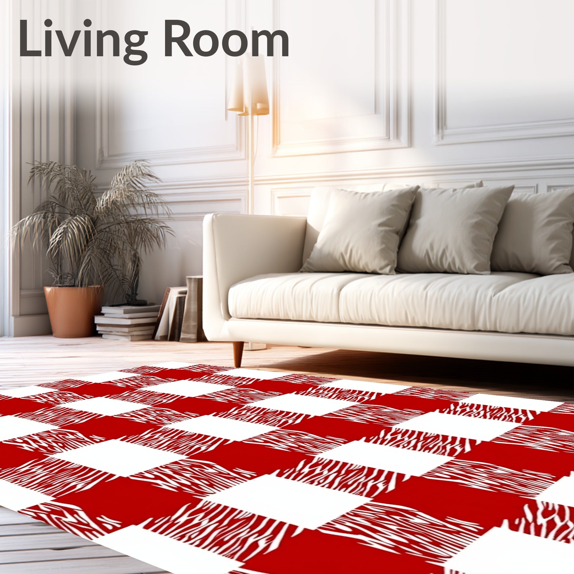Crimson White Gingham Animal Print Rug