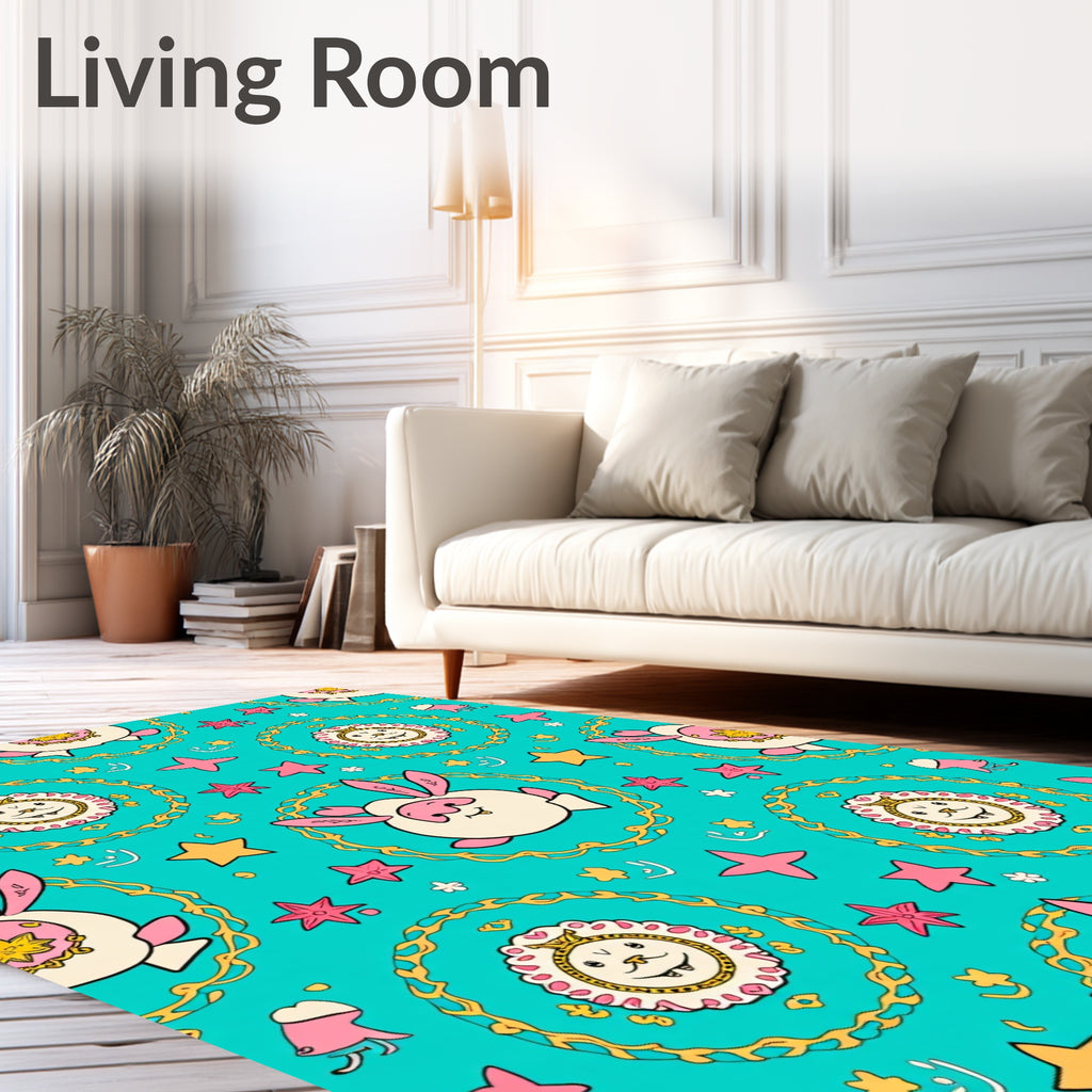 Whimsical Pink Rabbit And Lion Medallion Rug