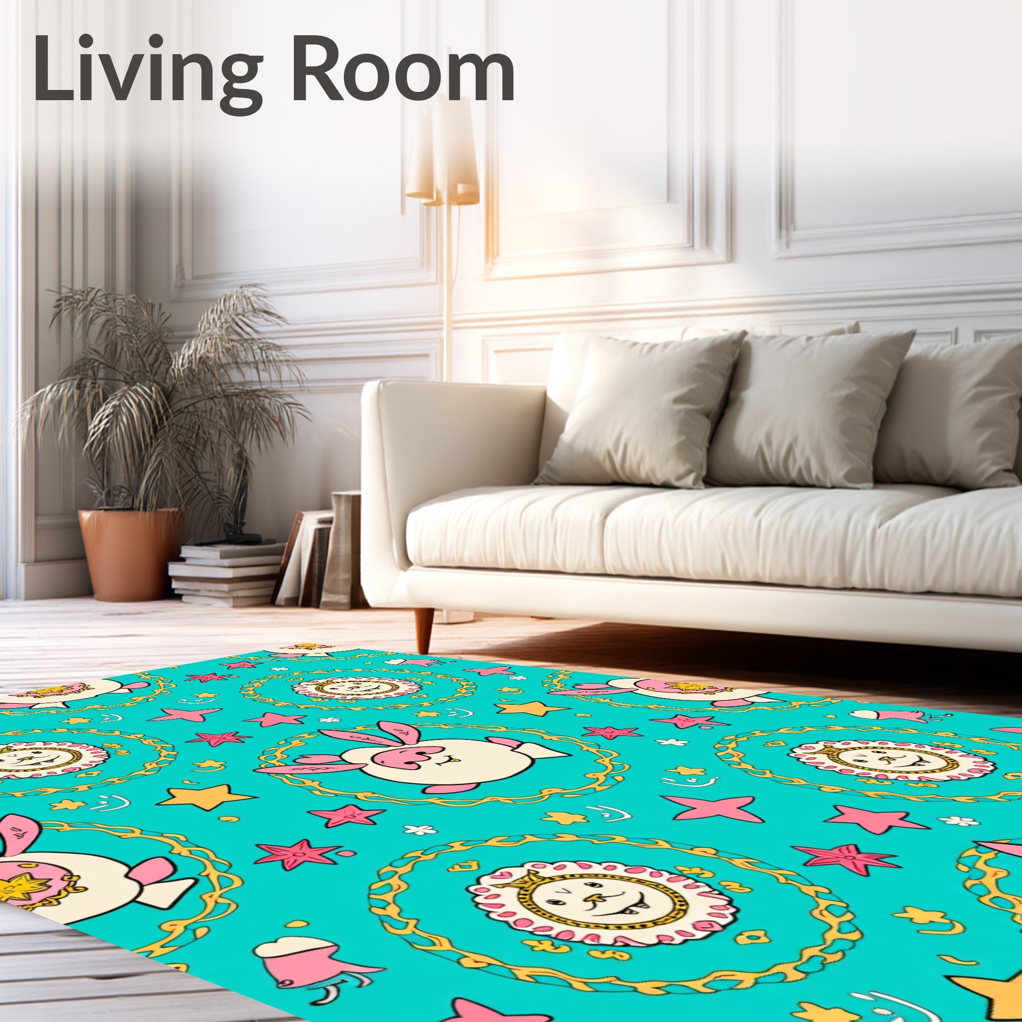 Whimsical Pink Rabbit And Lion Medallion Rug