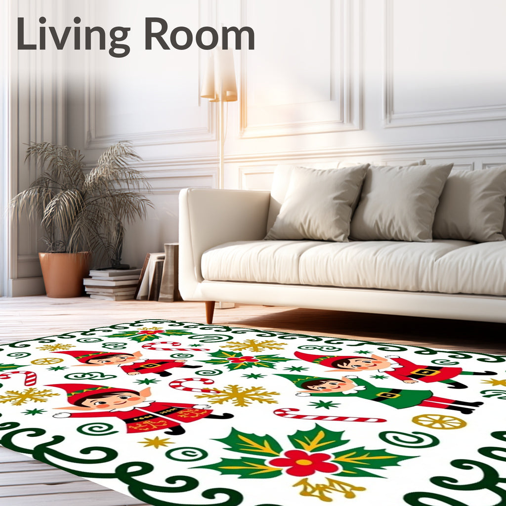 Festive Elves Candy Cane Holly Snowflakes Border Rug
