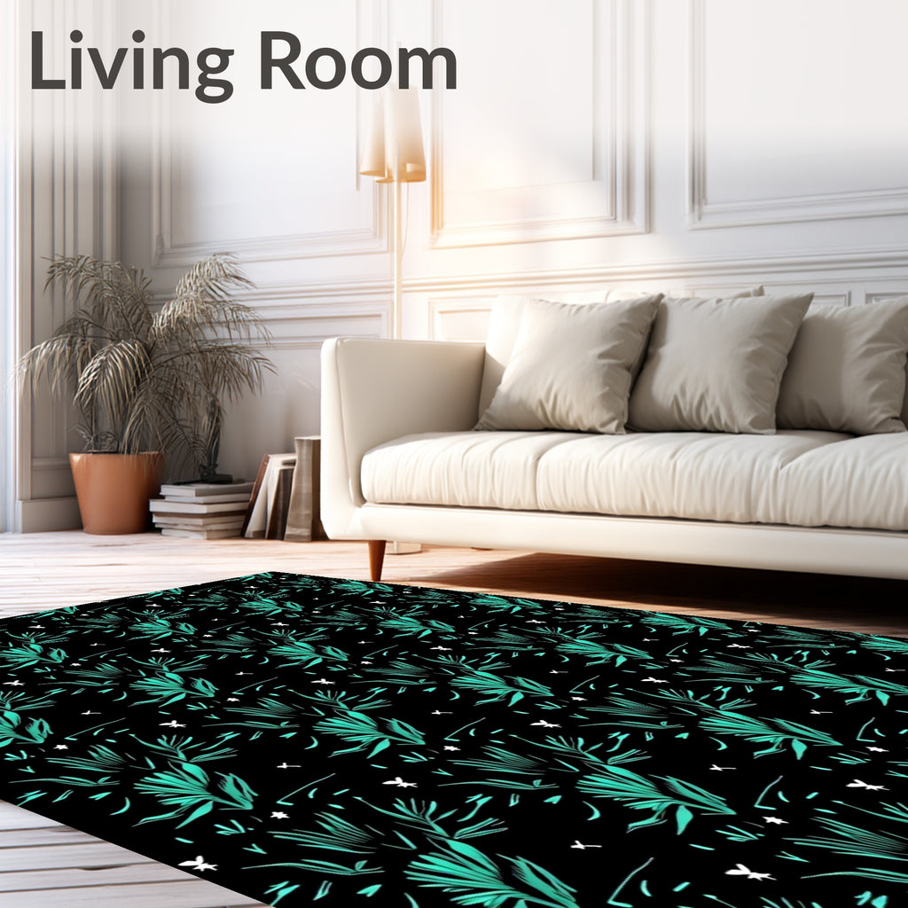 Teal and White Leafy Bush Motif Rug