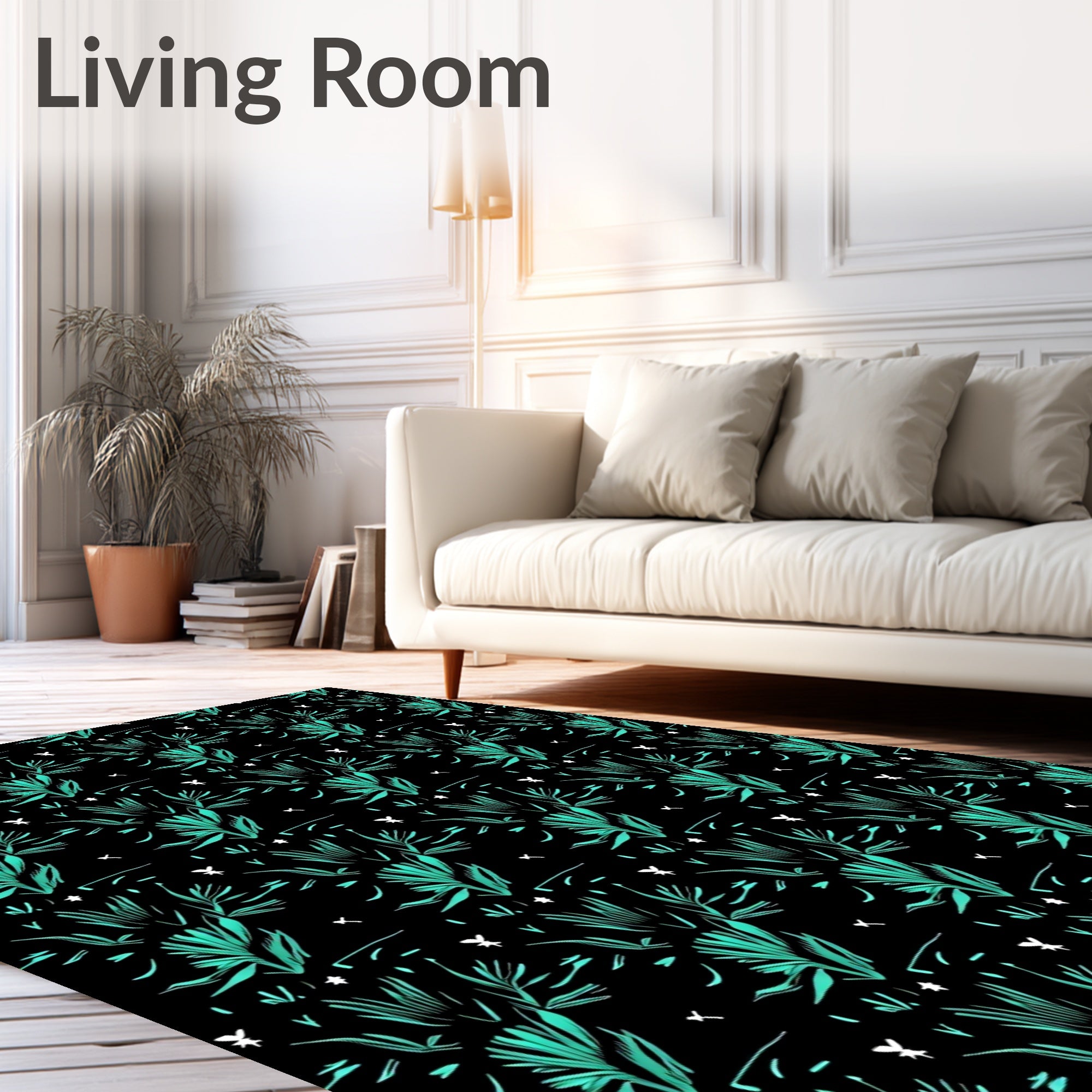 Teal and White Leafy Bush Motif Rug