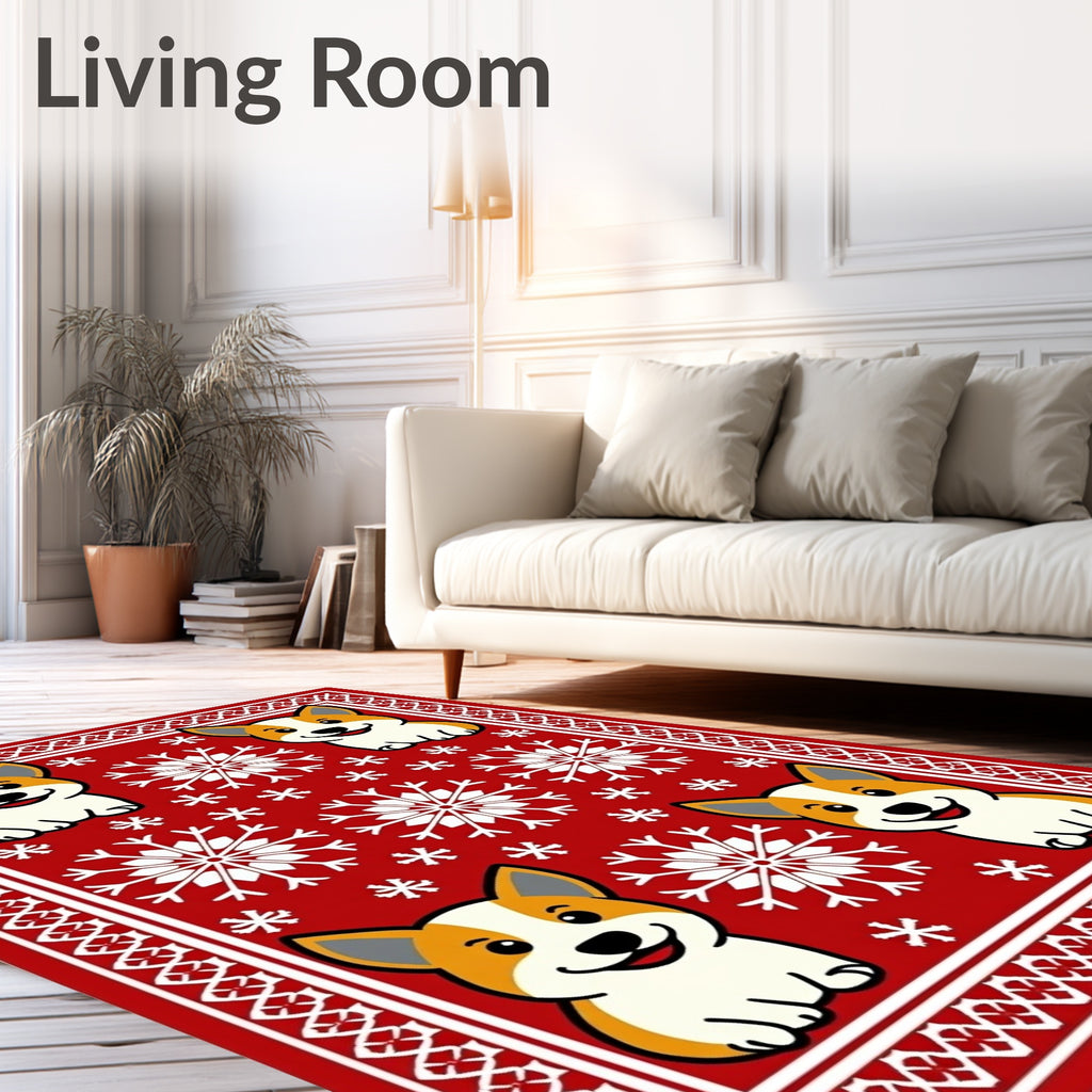 Red Corgi Snowflake Holiday Rug