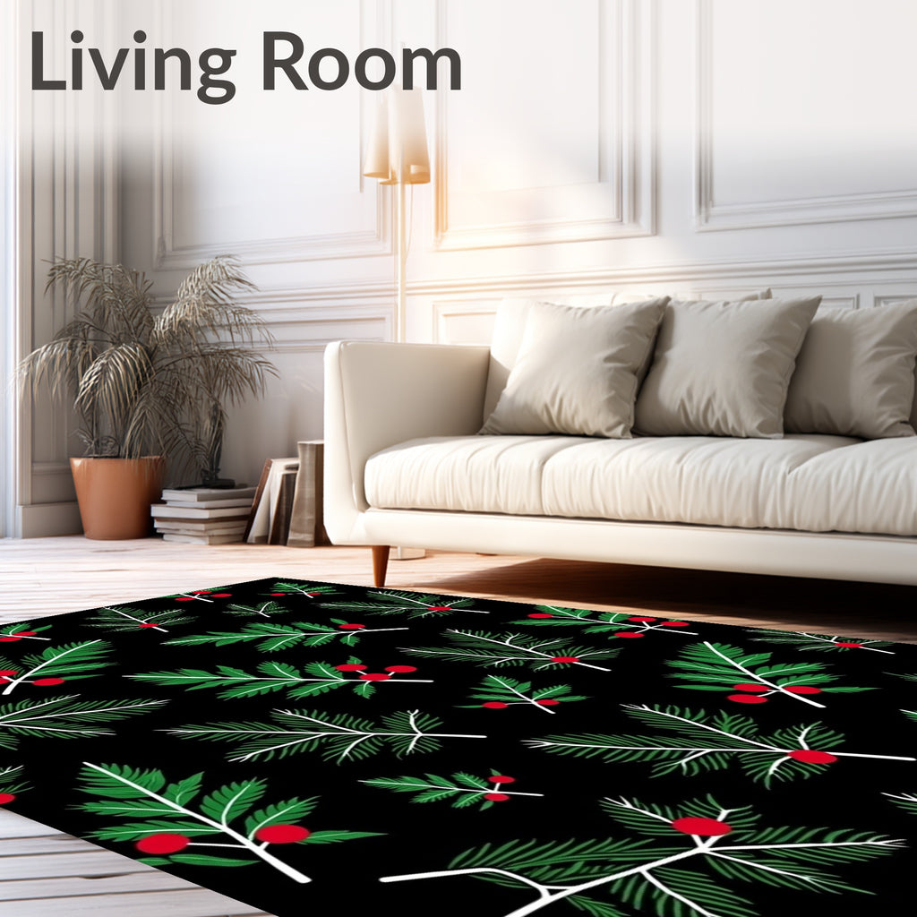 Green Fir Sprigs Red Berries Black Rug