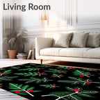 Green Fir Sprigs Red Berries Black Rug