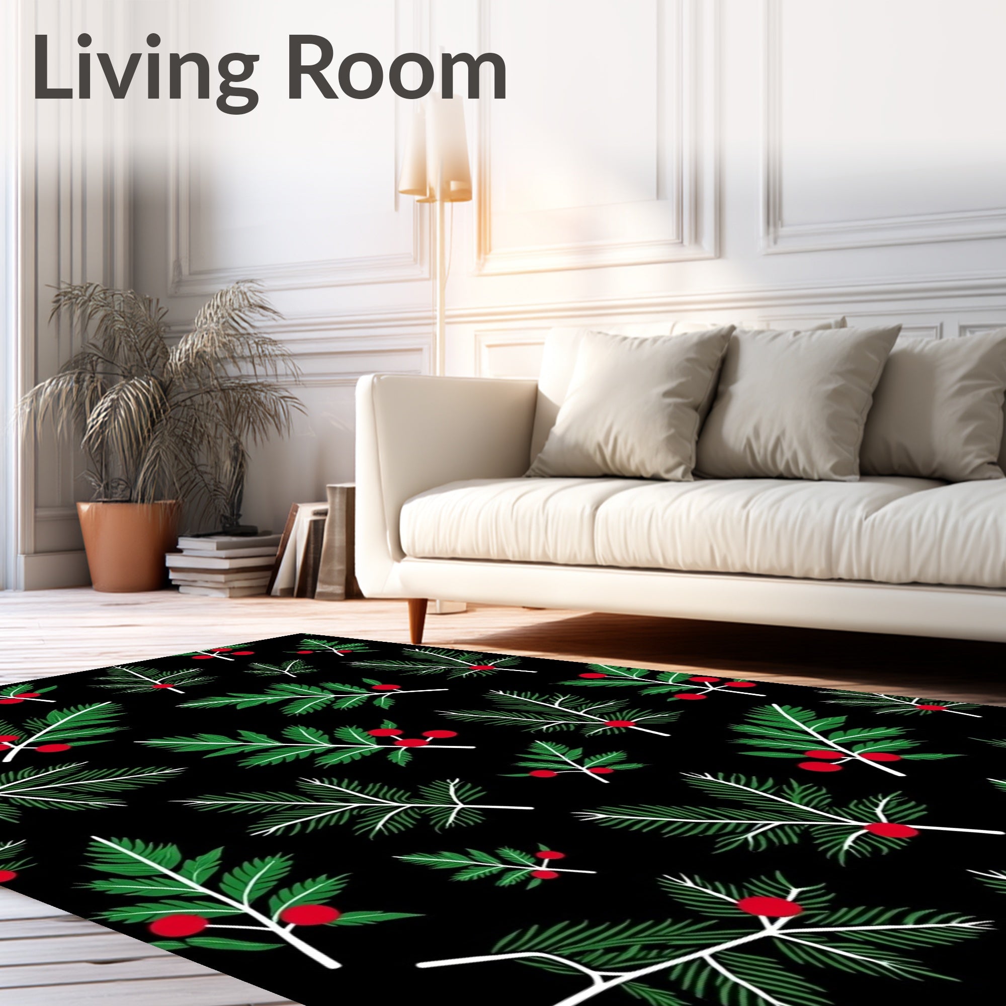 Green Fir Sprigs Red Berries Black Rug