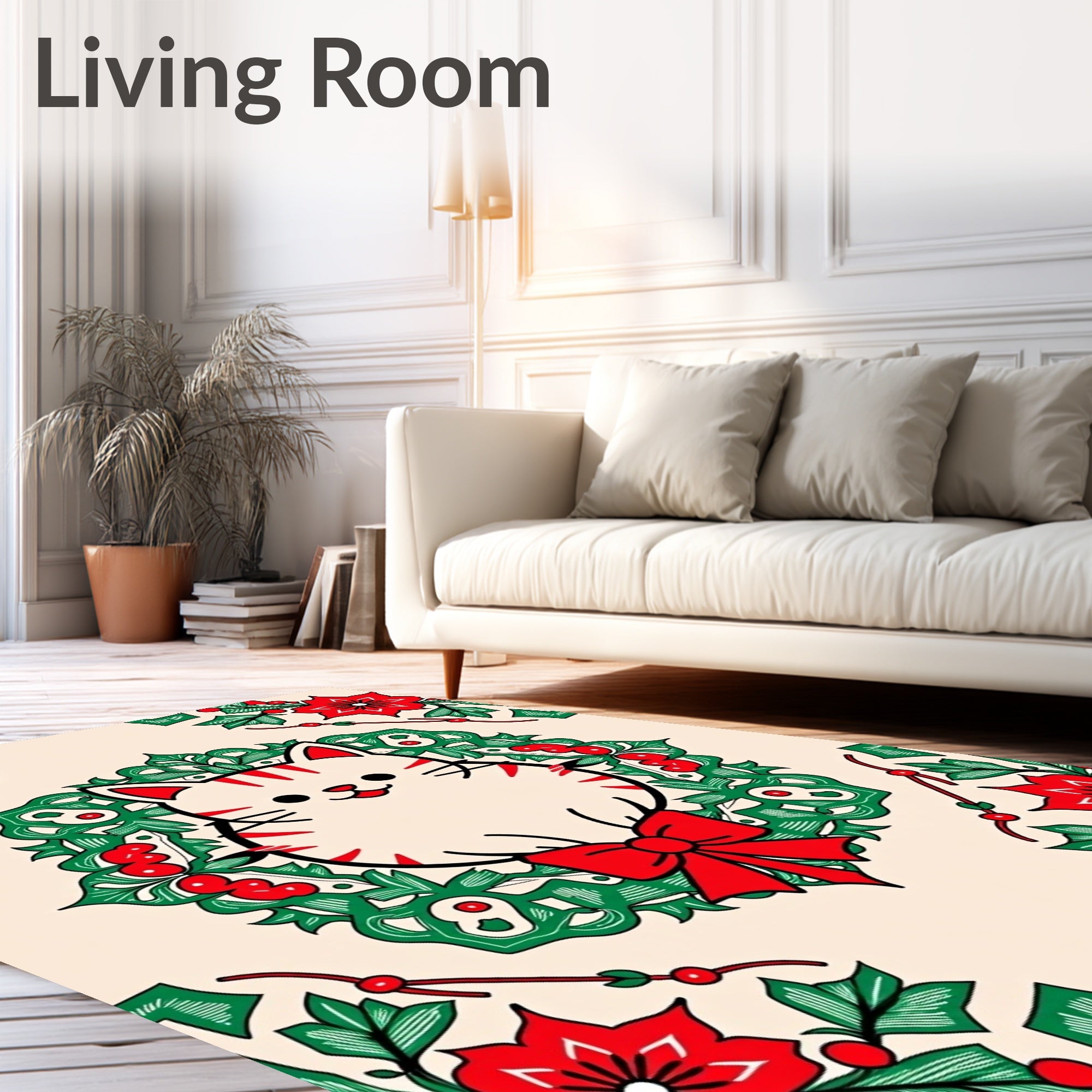 Festive Cat Wreath Red Green Accents Rug