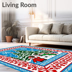 Festive Blue Red Snowman Christmas Trees Rug