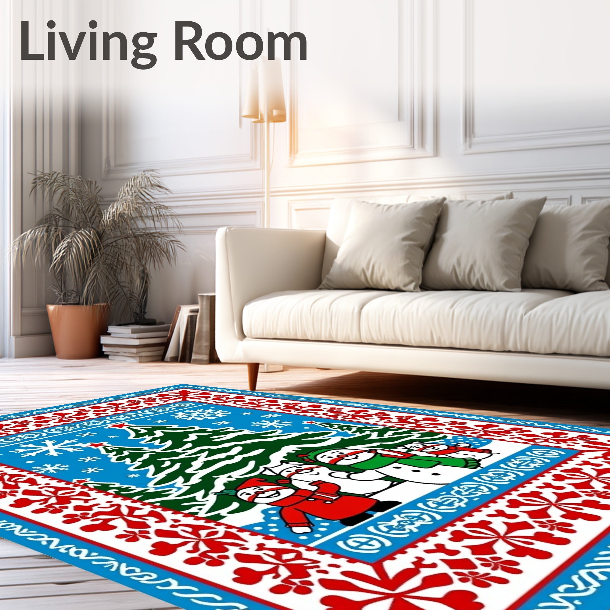 Festive Blue Red Snowman Christmas Trees Rug