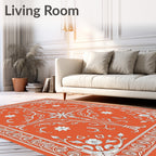 Vibrant Orange Floral Scroll Work Rug