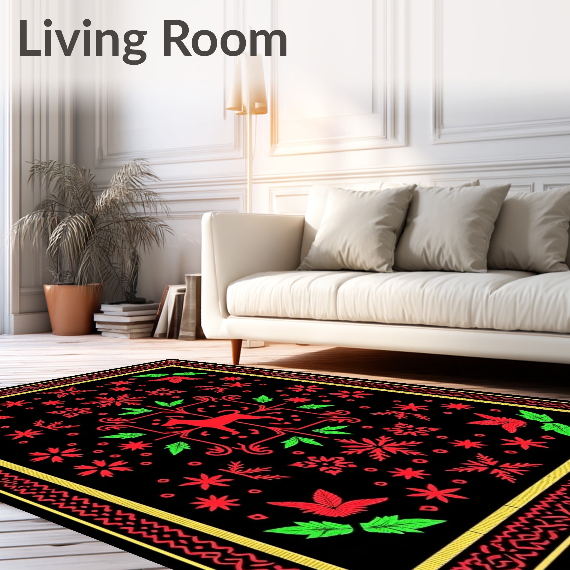 Red Dog Green Leaf Black Floral Rug