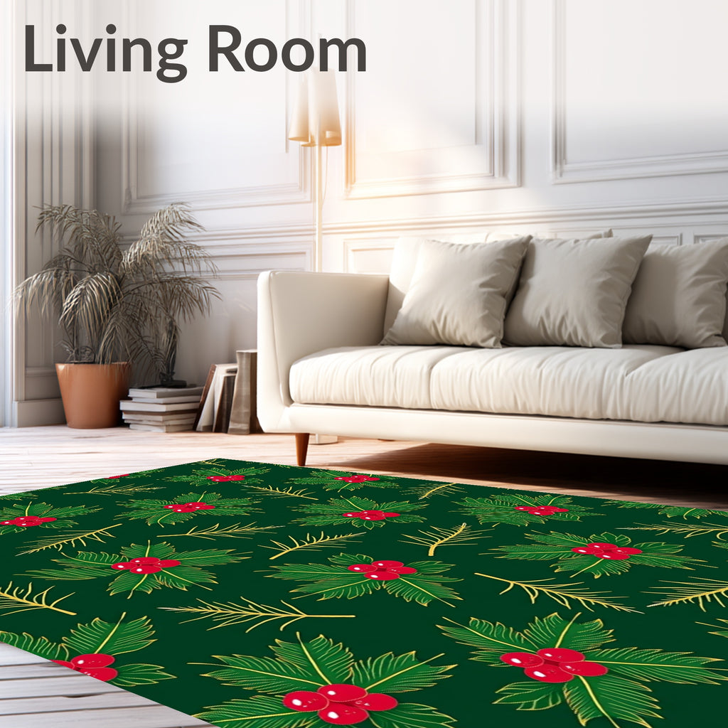 Festive Green Holly Berry Sprigs Rug