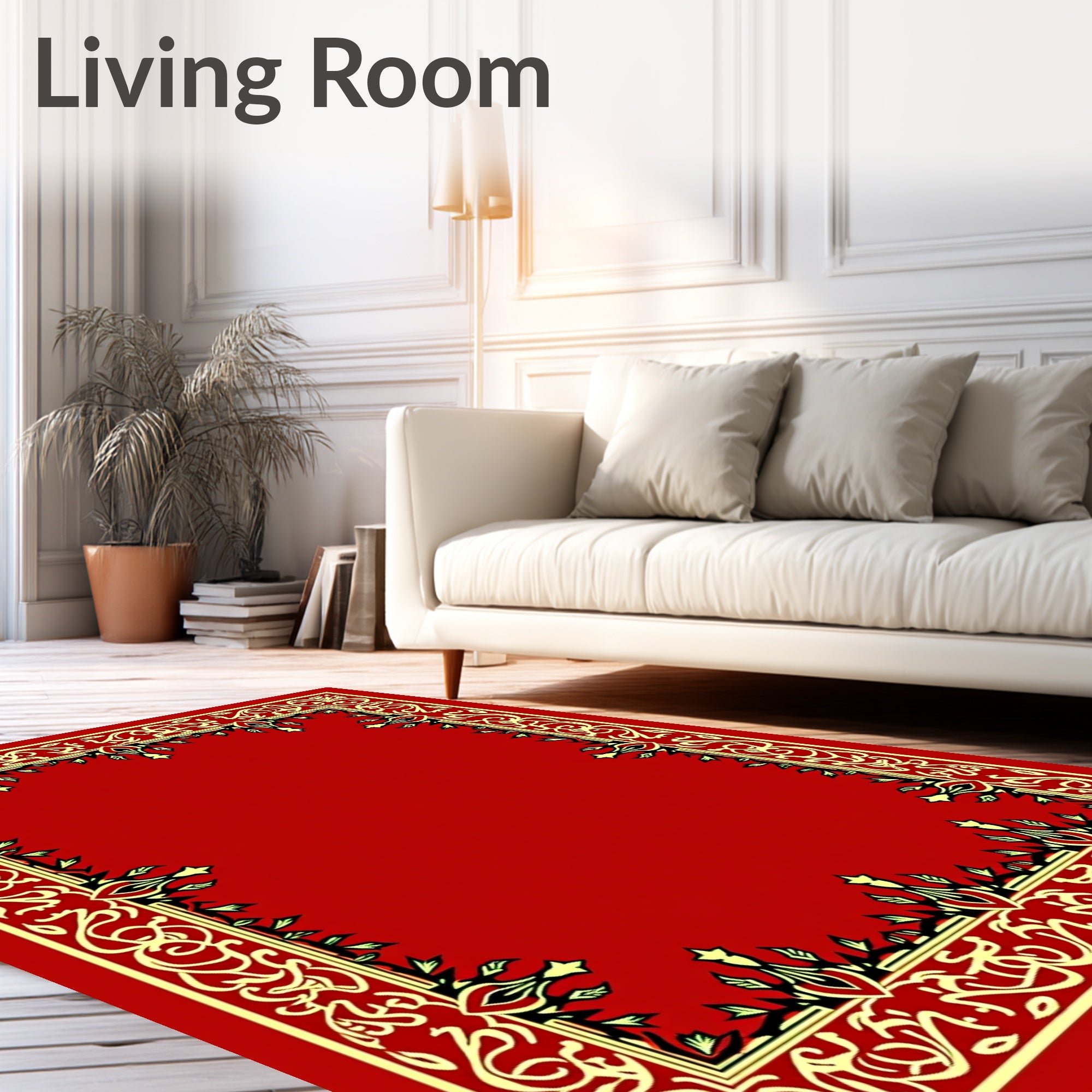Red Golden Floral Bordered Frame Rug