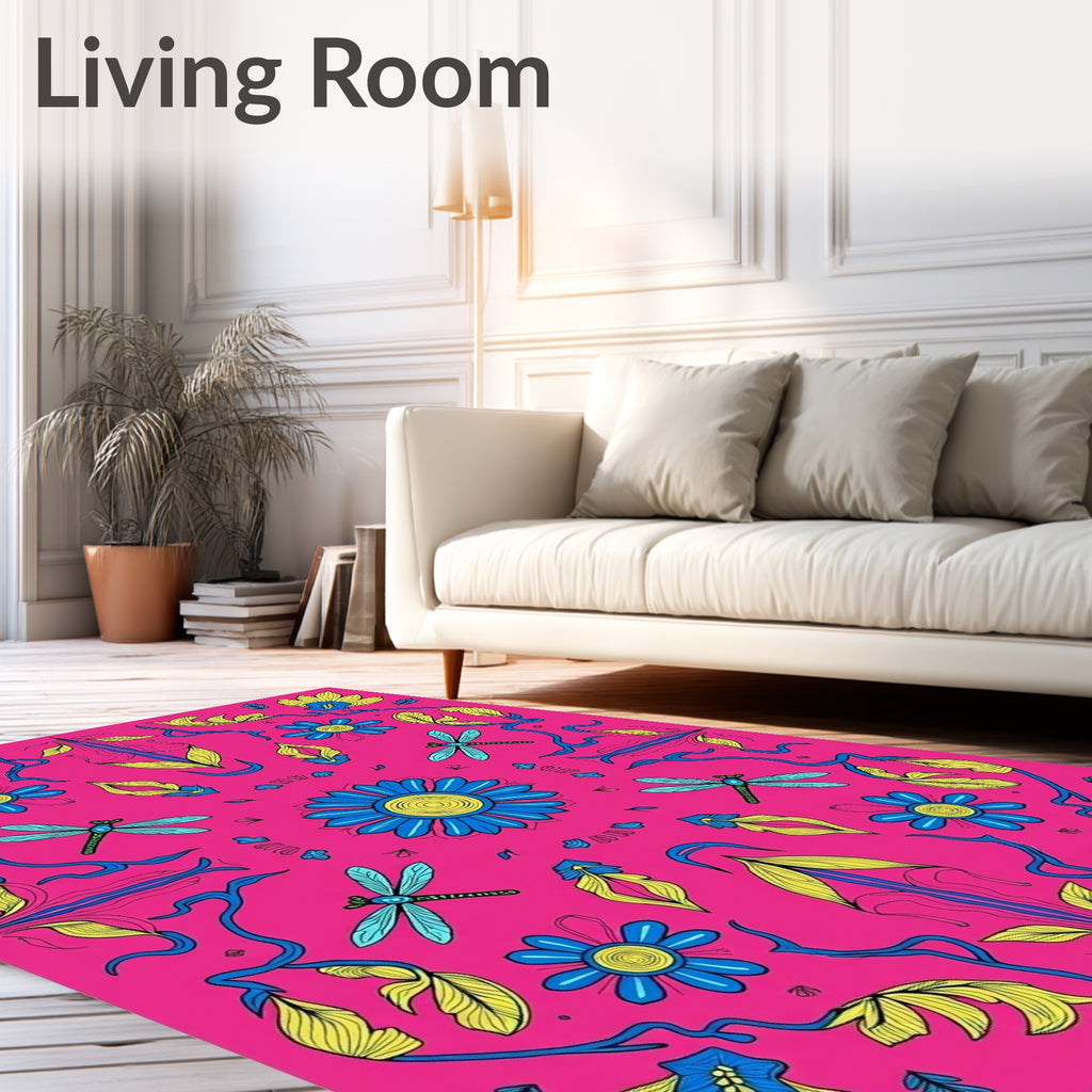 Vibrant Blue Dragonfly Floral Meadow Rug