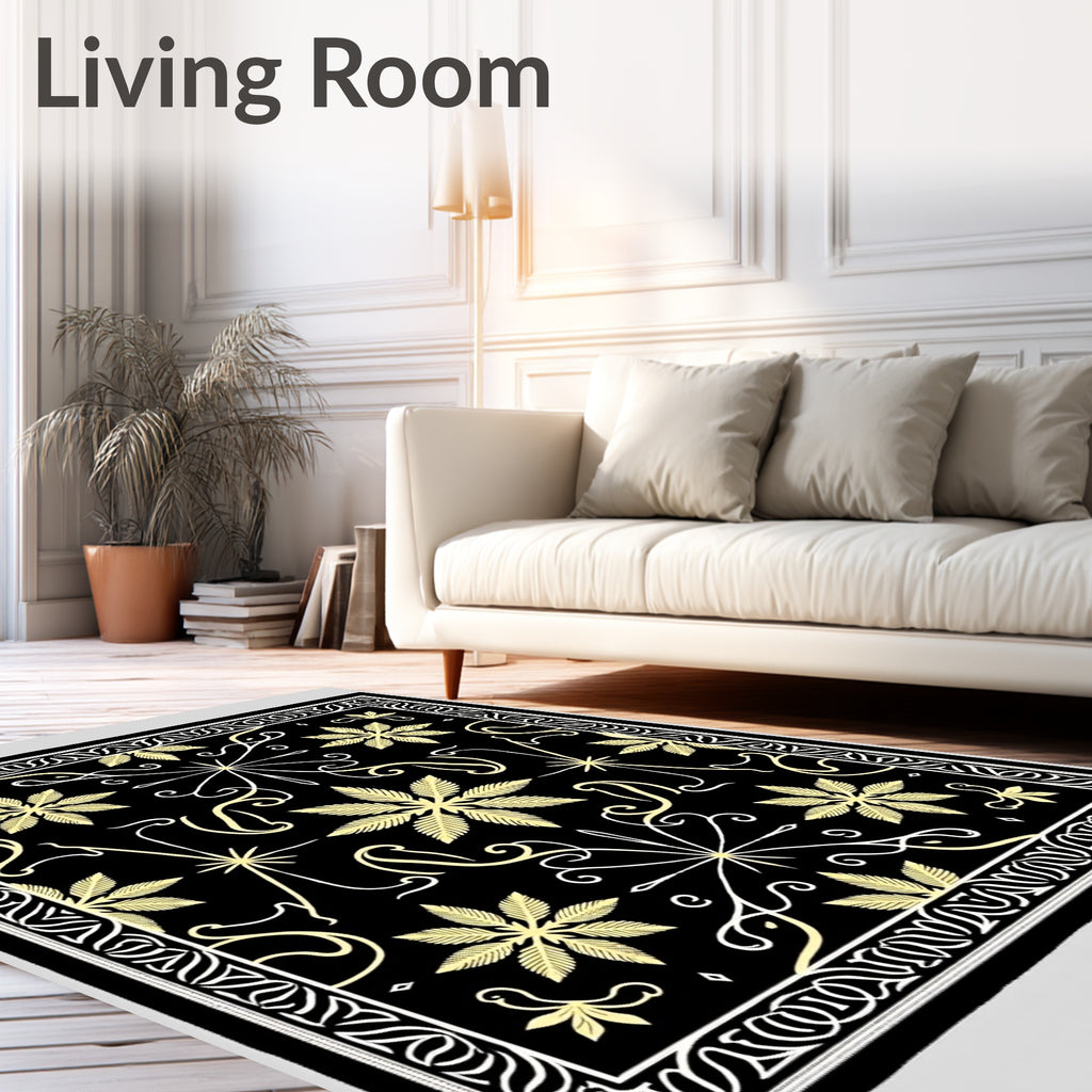 Black Gold Floral Border Medallion Rug