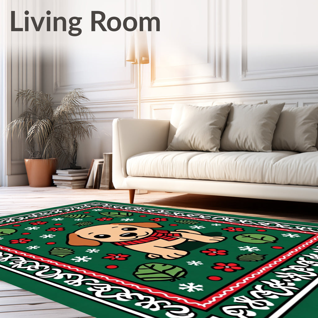 Cute Dog Snowflakes Red Scarf Green Rug