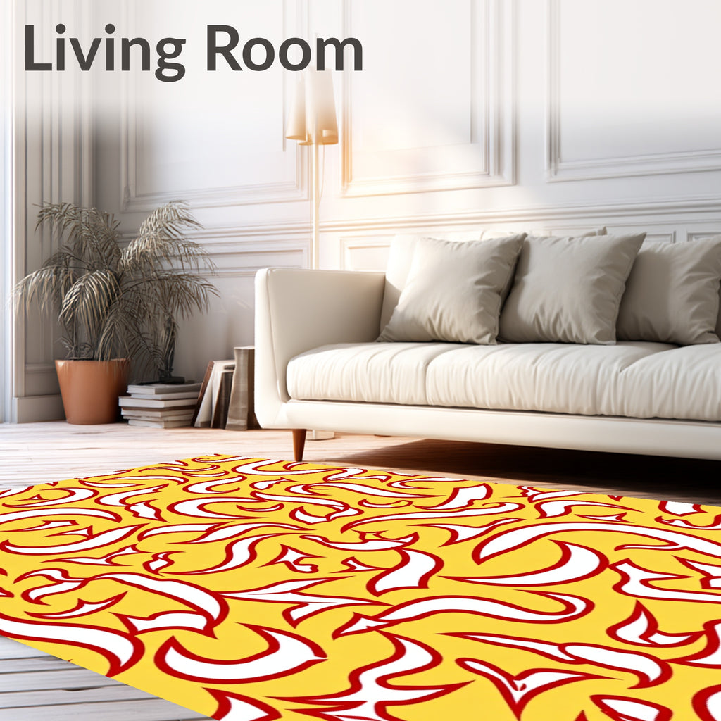 Golden Yellow Red Flowing Swirls Rug