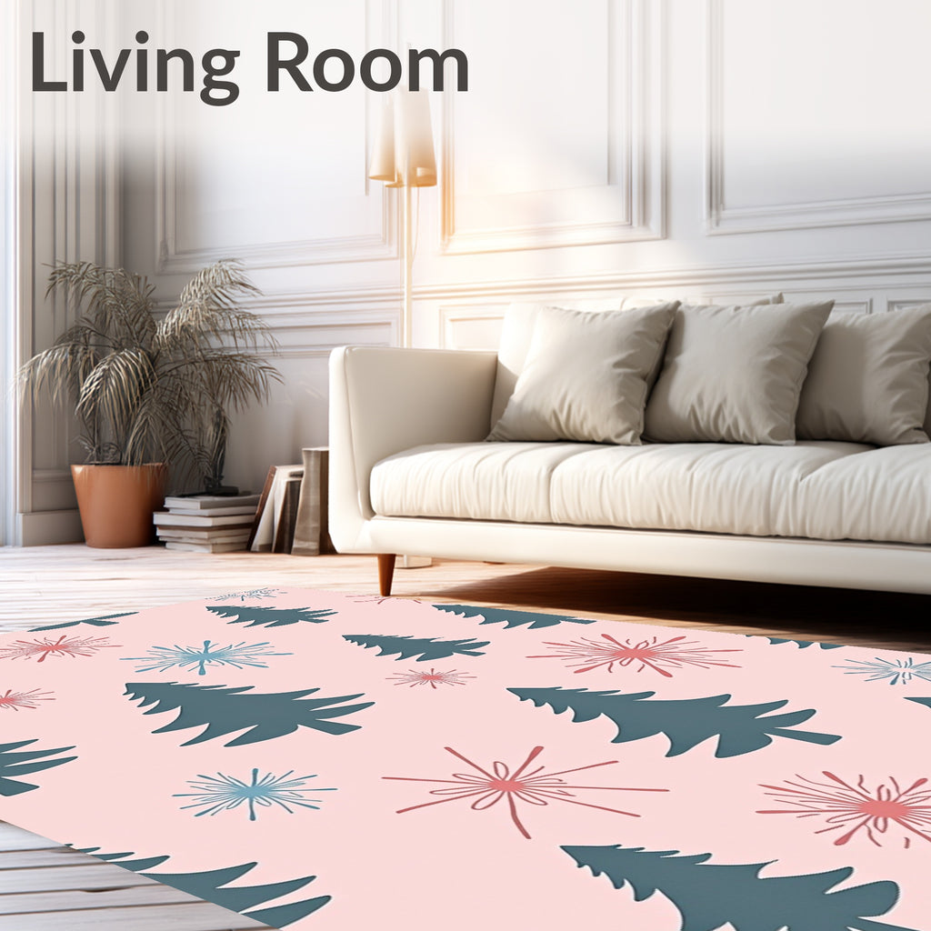 Teal Pine Tree with Coral Starbursts Rug