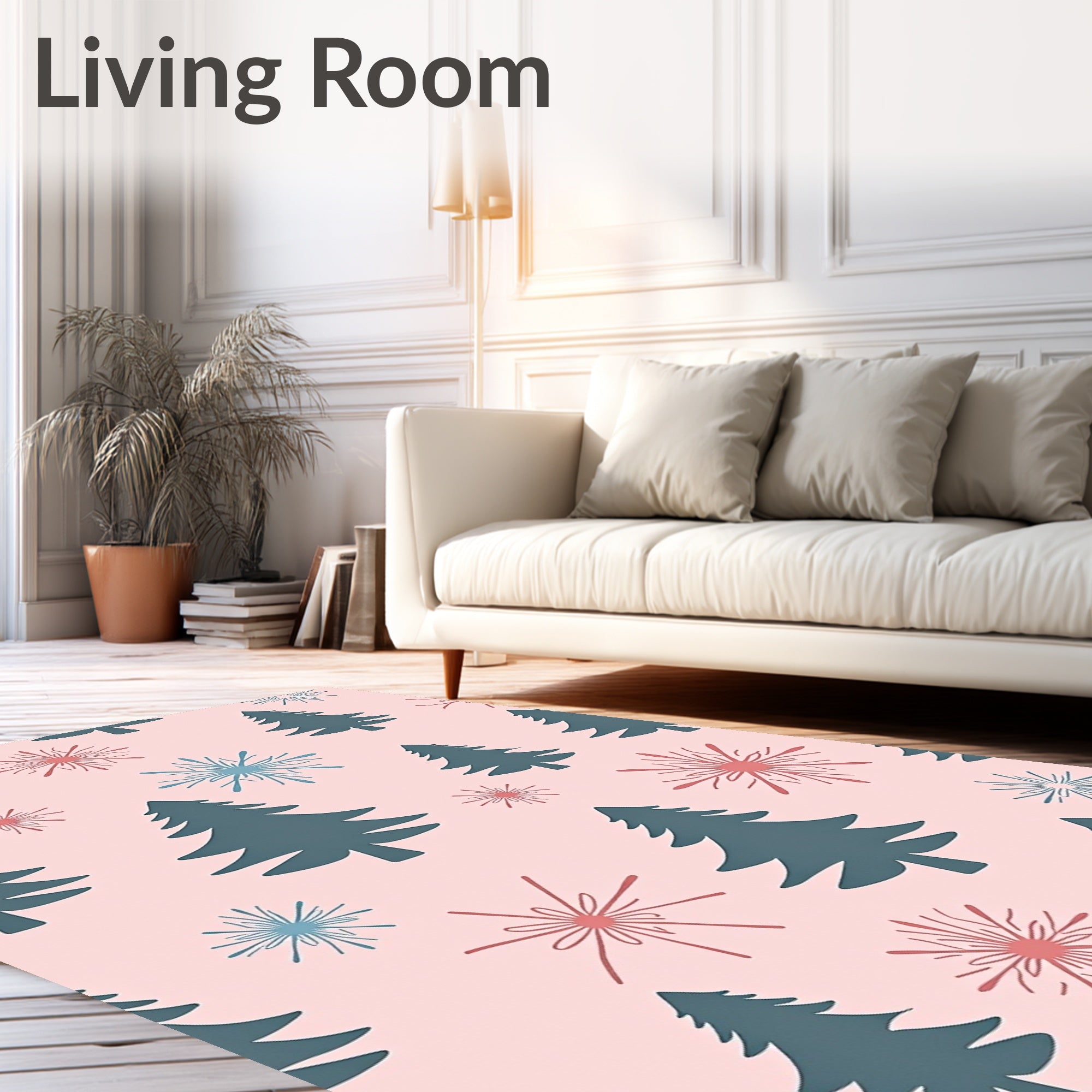 Teal Pine Tree with Coral Starbursts Rug