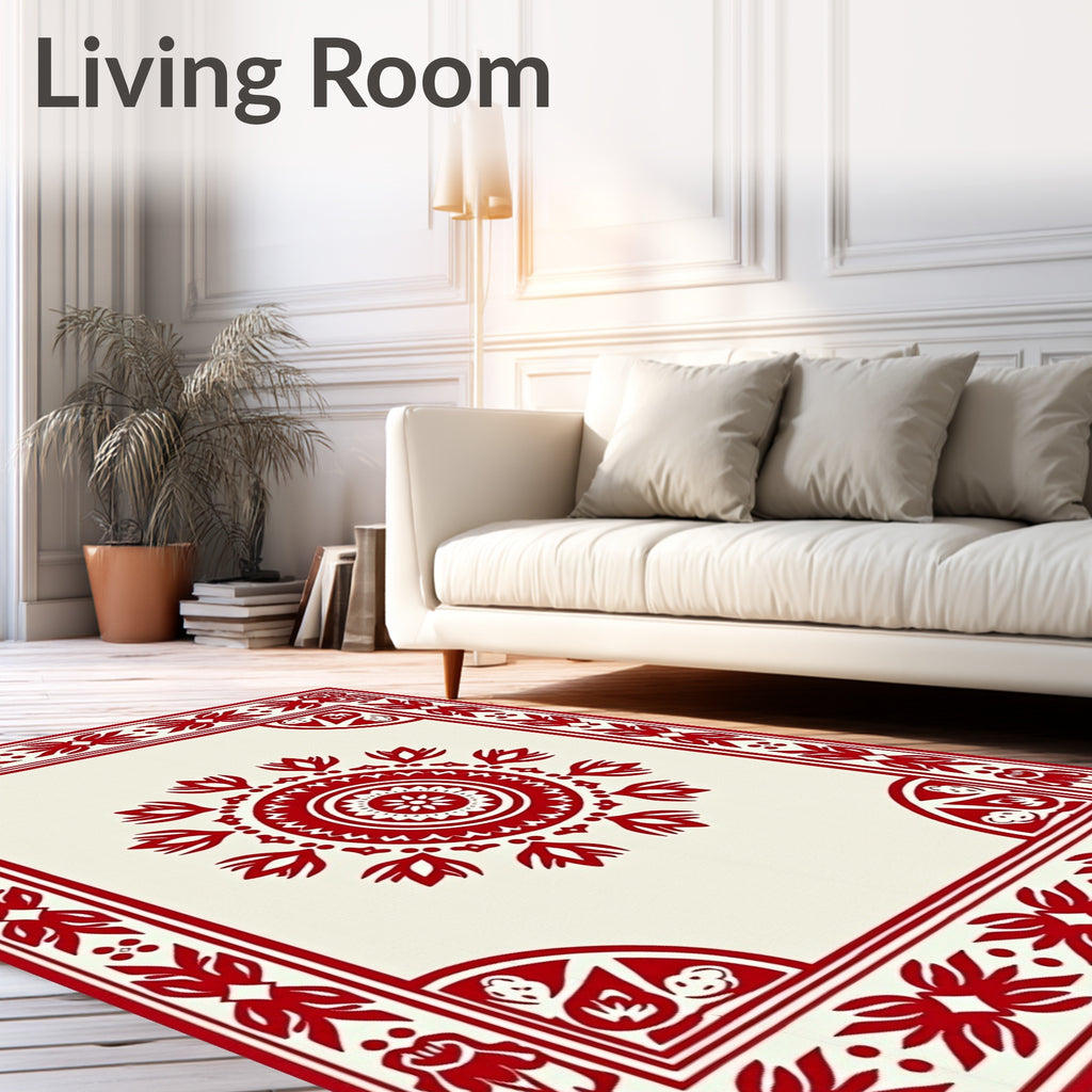 Crimson Cream Geometric Mandala Border Rug