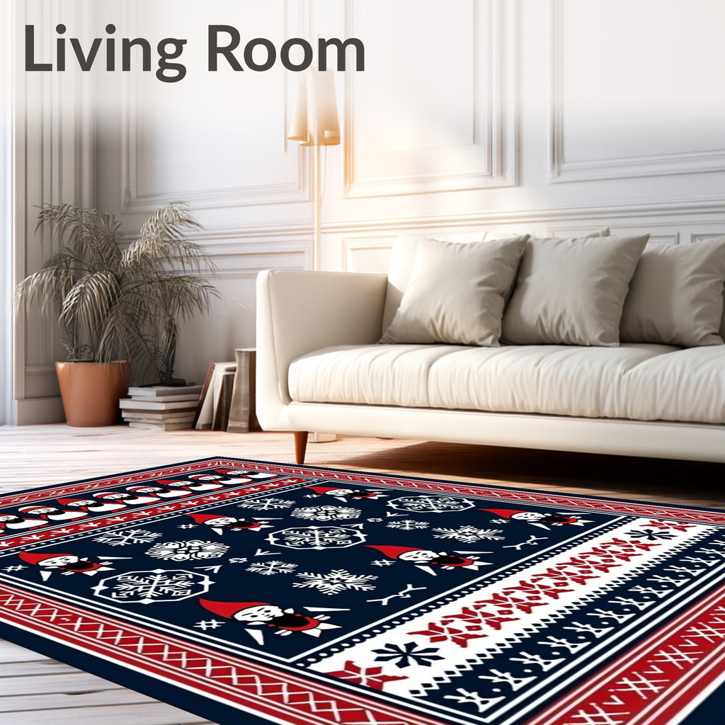 Navy Red White Gnome Snowflakes Nordic Rug
