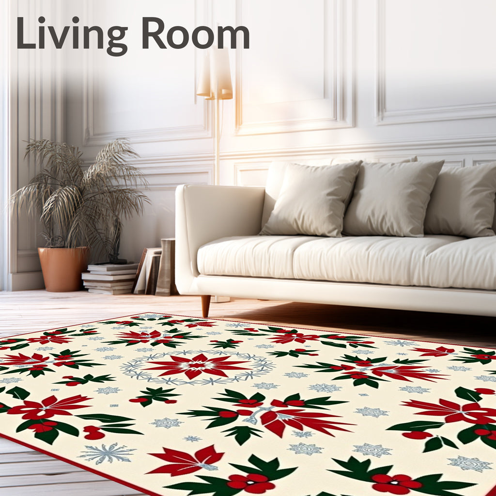 Cream Red Green Holly Snowflake Collage Rug