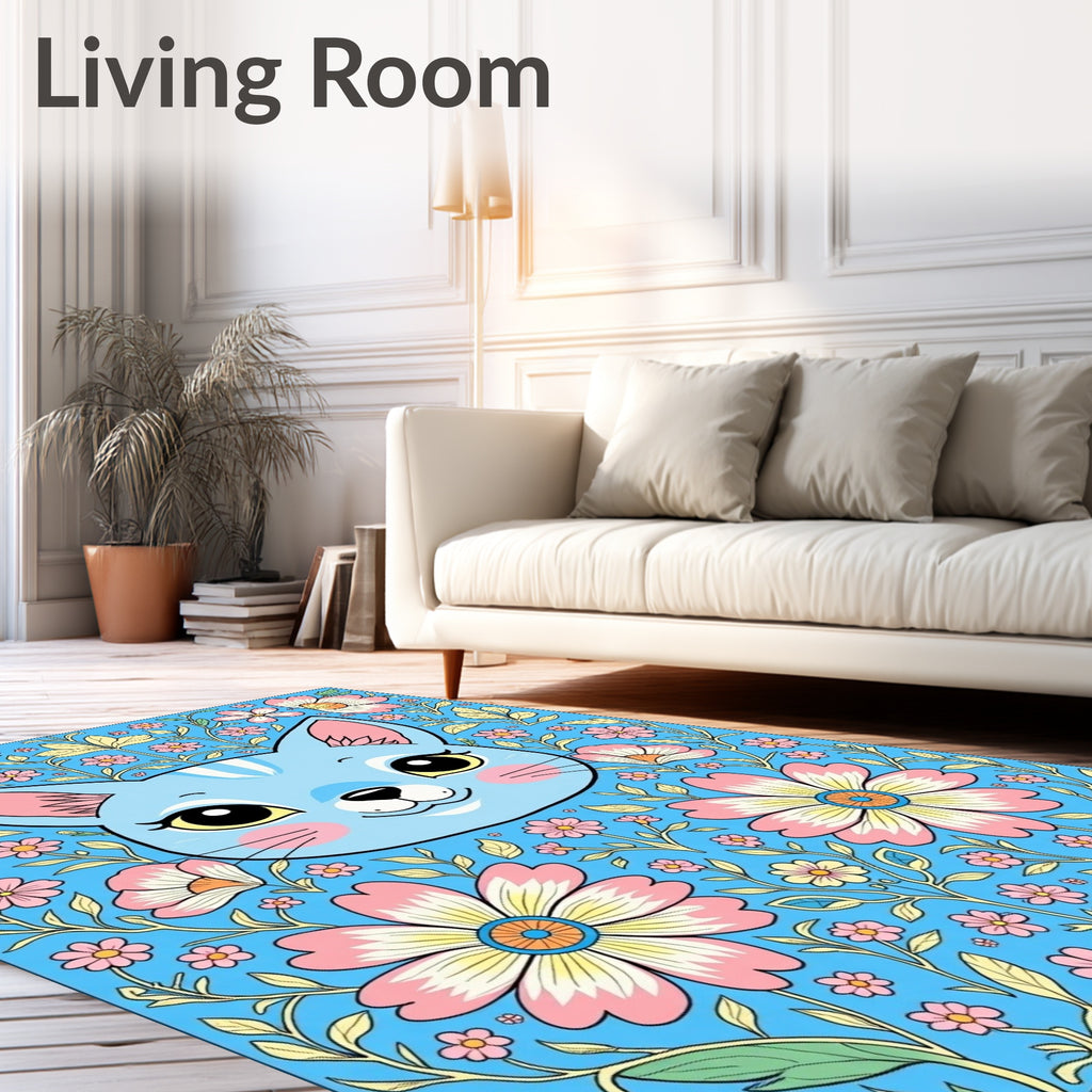 Whimsical Blue Cat Floral Garden Rug