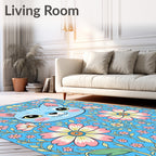 Whimsical Blue Cat Floral Garden Rug