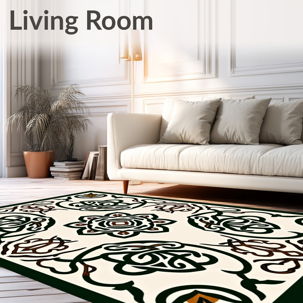 Intricate Dark Green Floral Medallion Ivory Rug