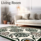Intricate Dark Green Floral Medallion Ivory Rug