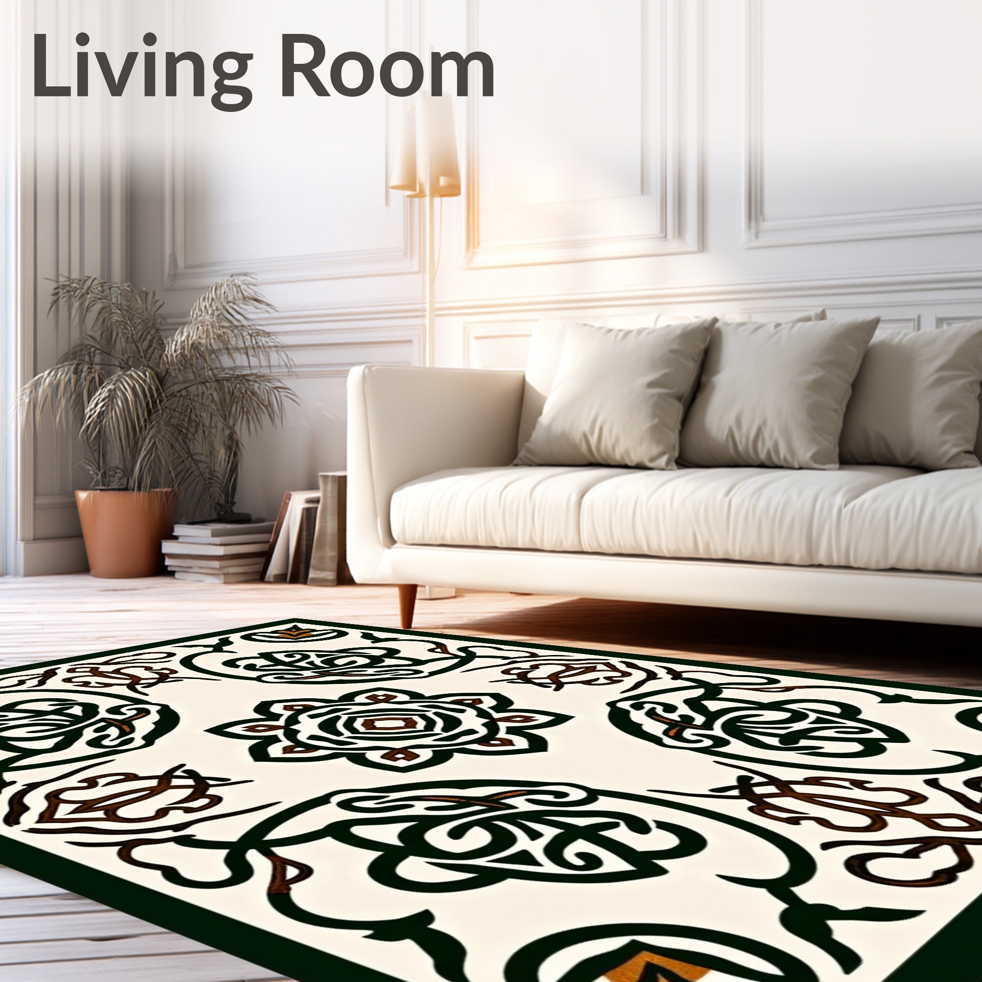 Intricate Dark Green Floral Medallion Ivory Rug
