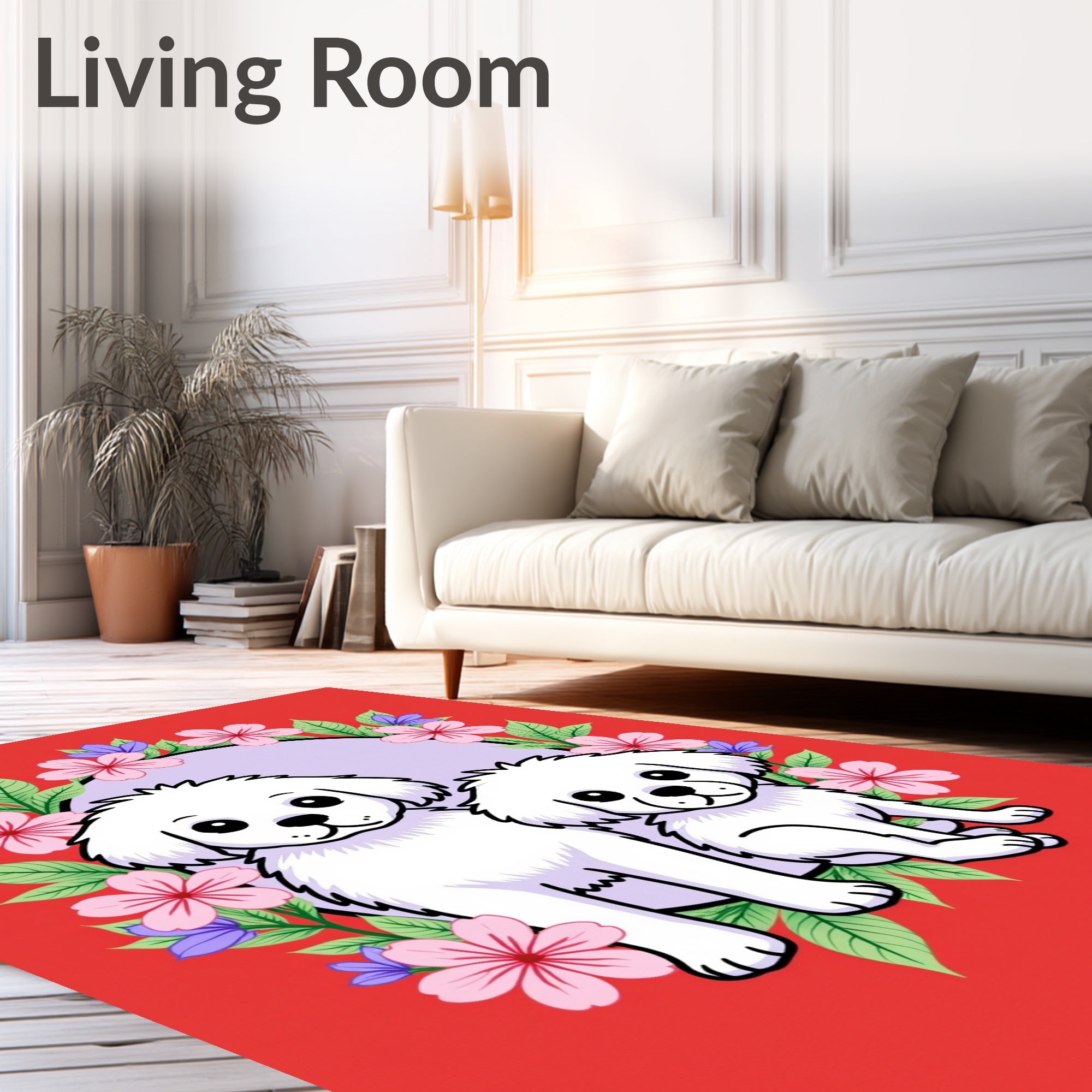 Cute White Pups Floral Garden Oval Rug