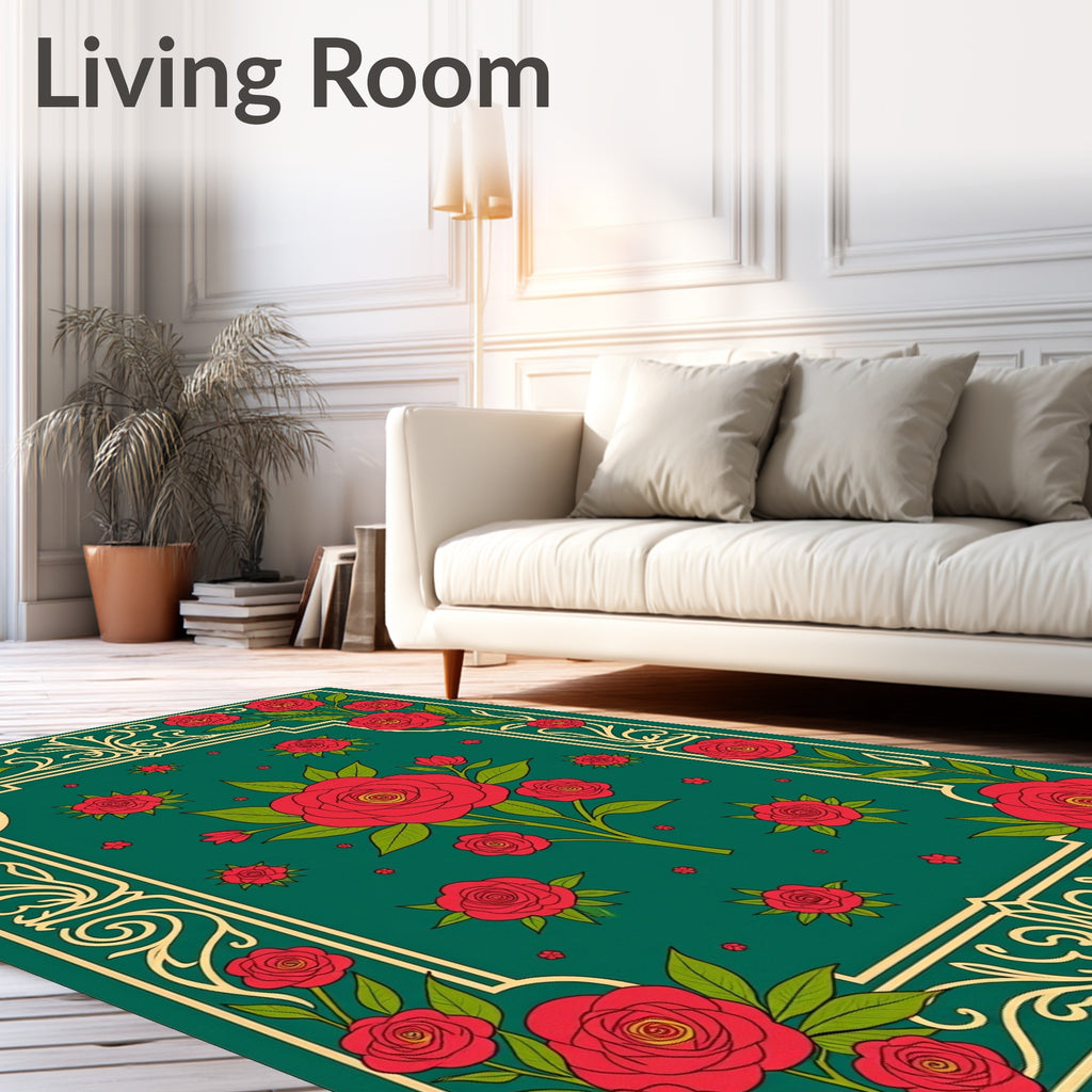 Deep Emerald Red Rose Garden Rug