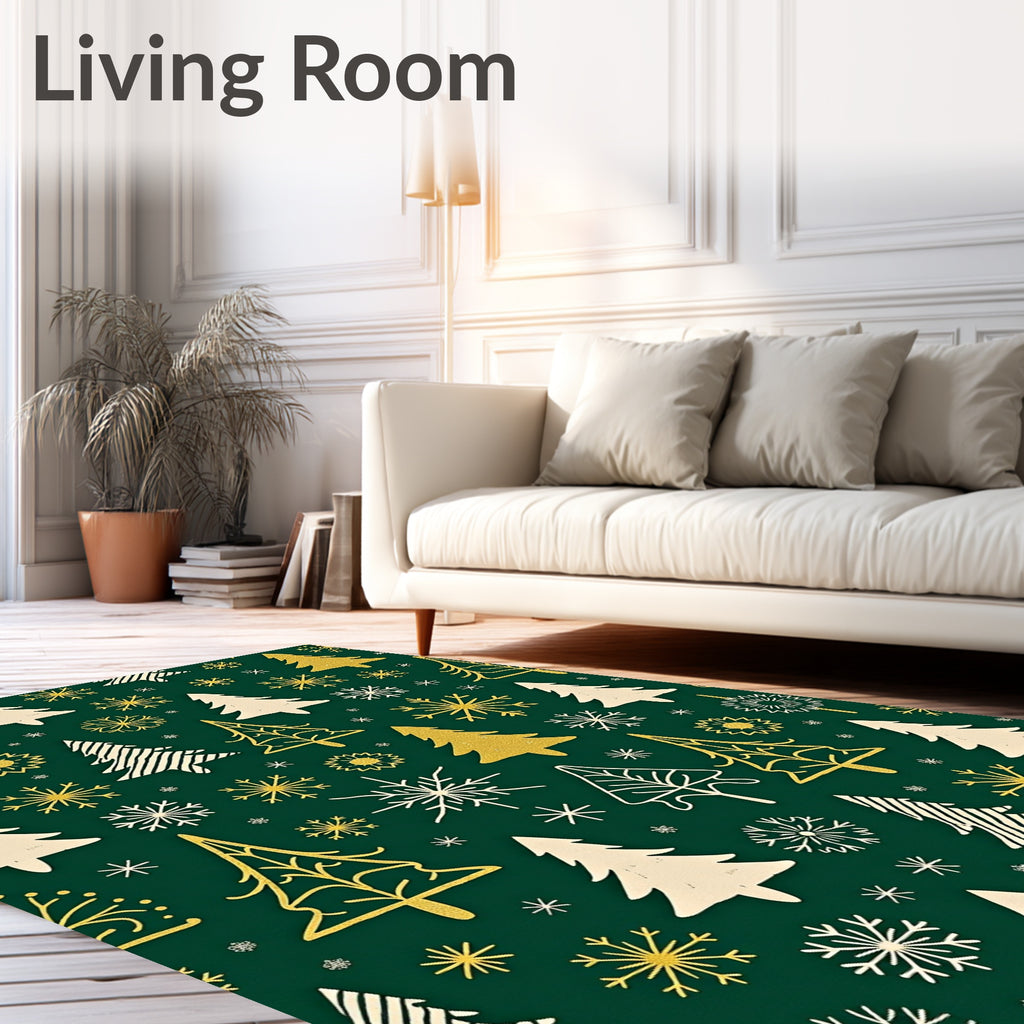 Festive White Gold Trees Snowflakes Emerald Rug