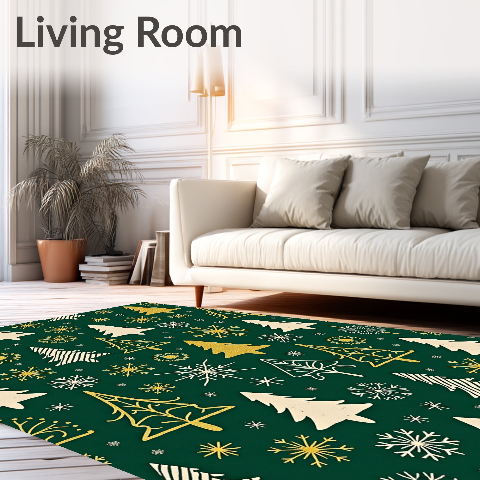 Festive White Gold Trees Snowflakes Emerald Rug