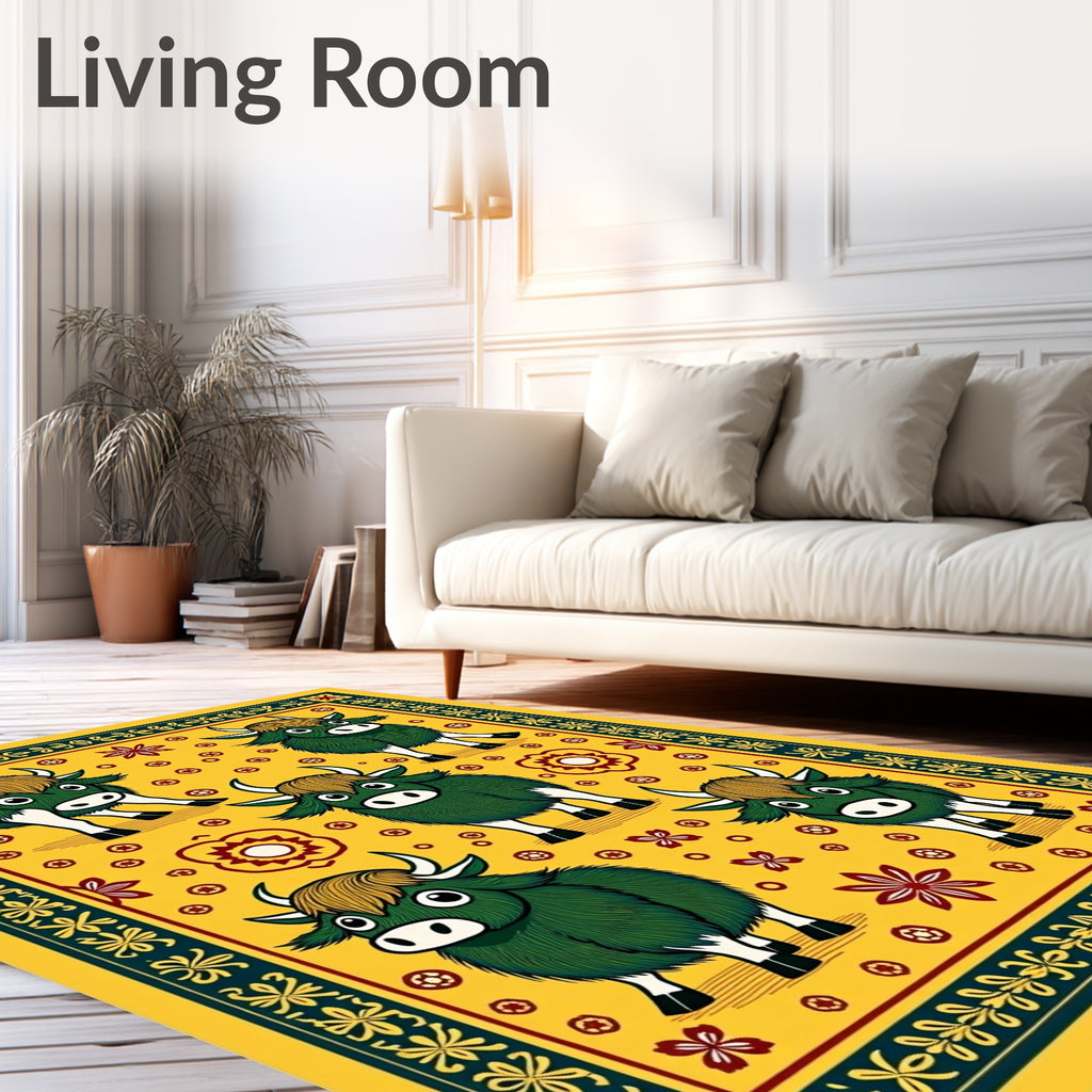 Charming Green Yaks Yellow Folk Art Rug