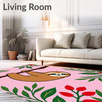 Cute Sloth Hanging Green Red Blooms Rug