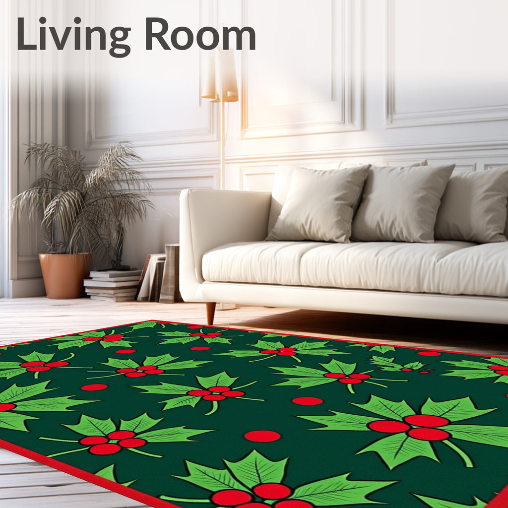 Festive Holly Berry Green Red Sprigs Rug