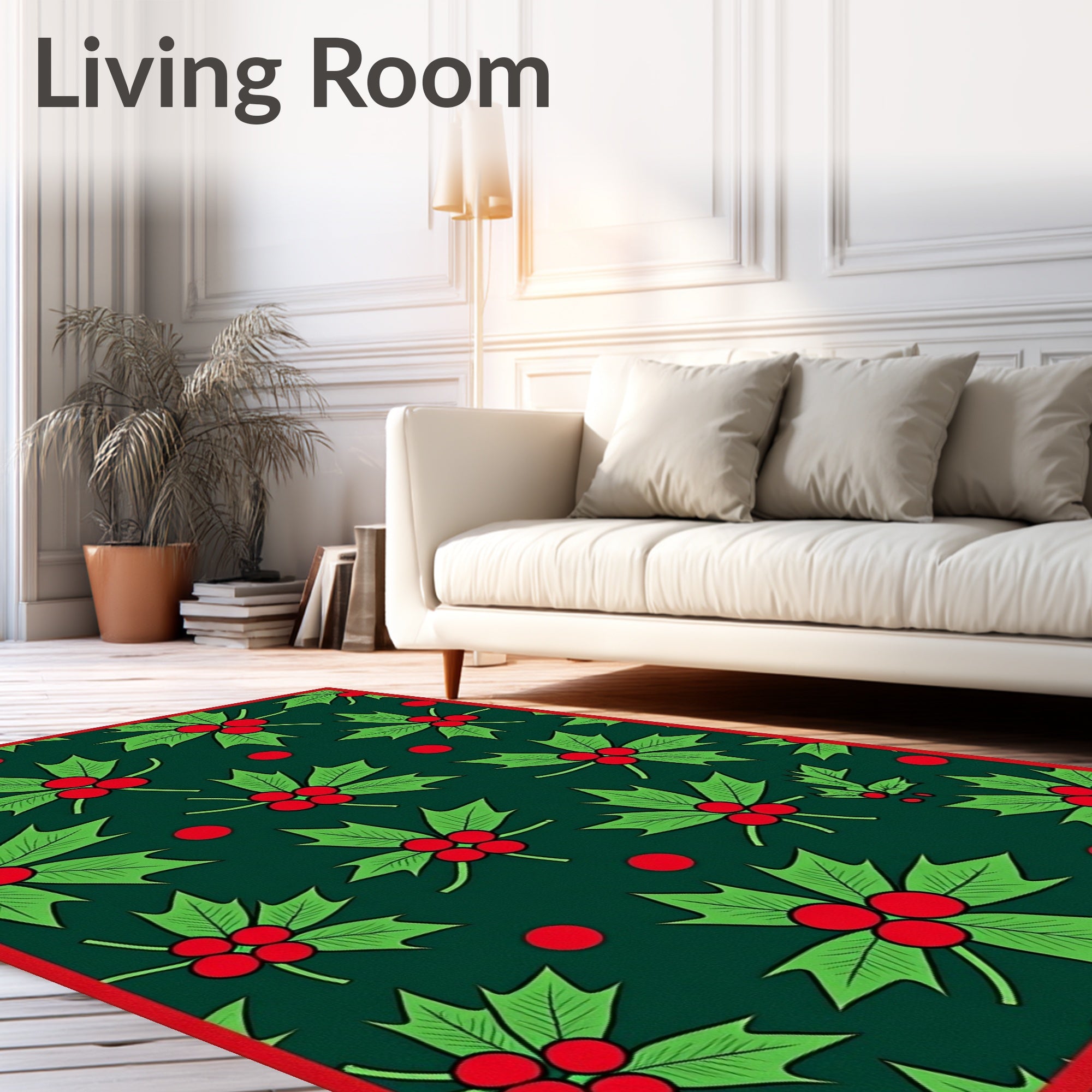 Festive Holly Berry Green Red Sprigs Rug