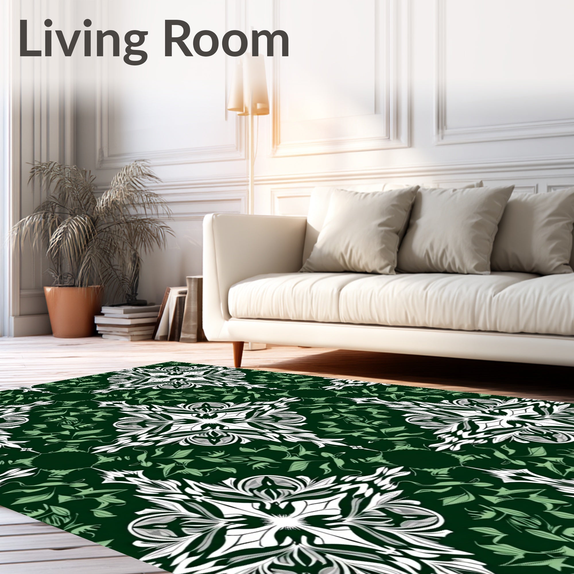 Dark Green White Floral Damask Rug