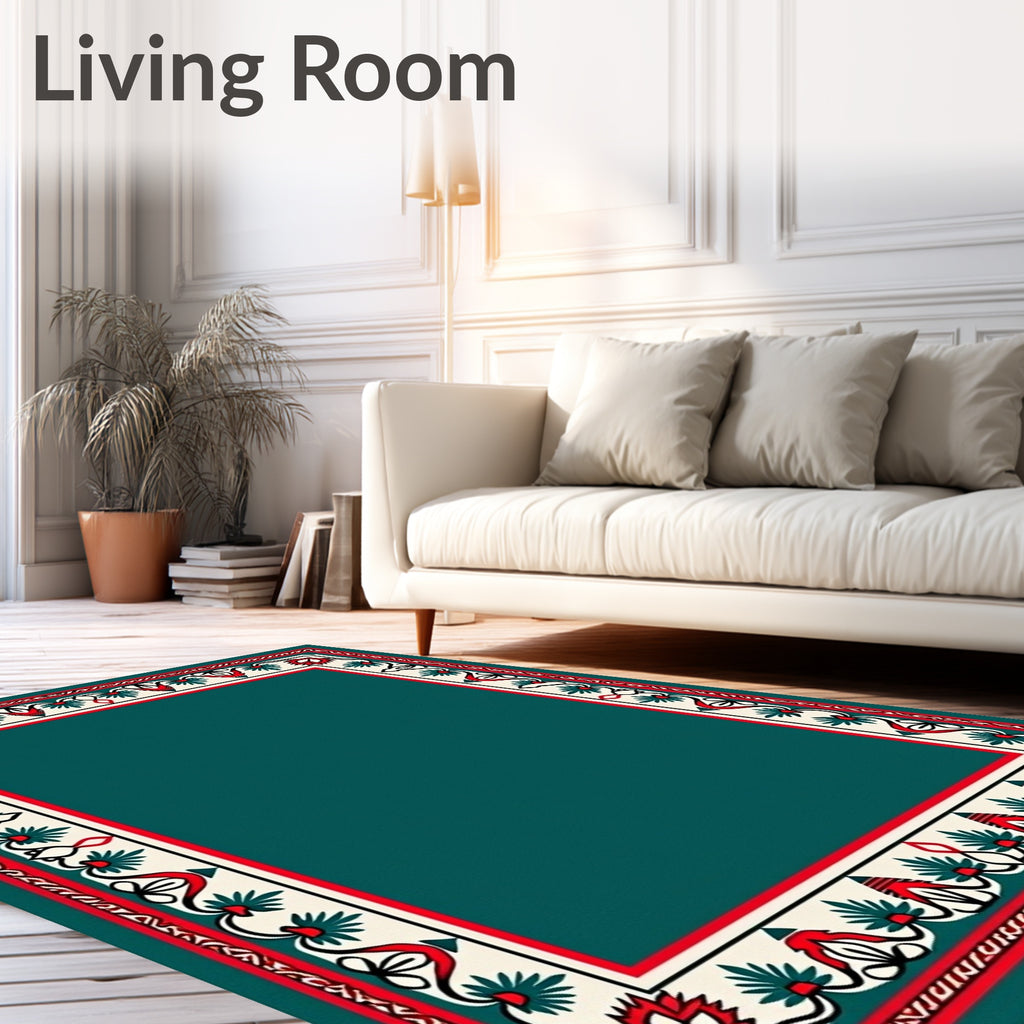 Deep Teal Traditional Floral Border Rug