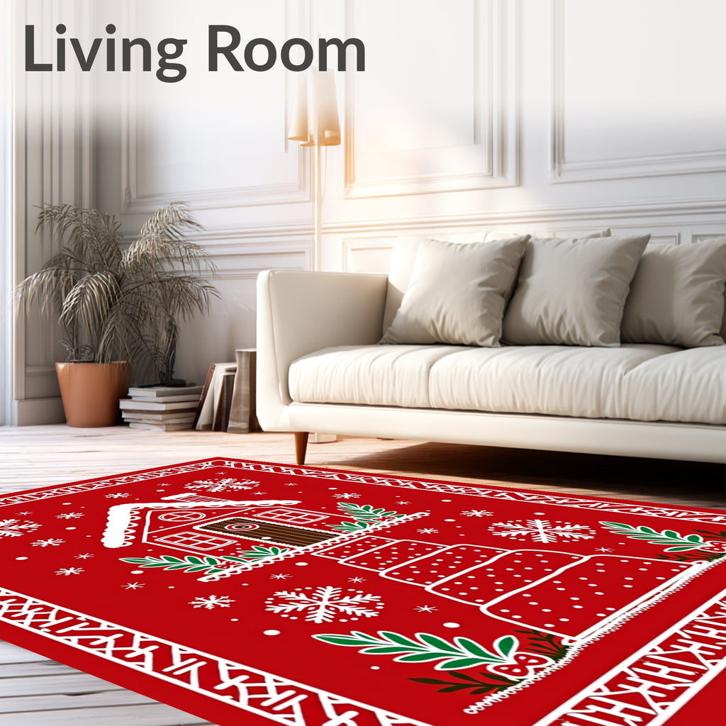 Festive Red Gingerbread House Snowflakes Rug