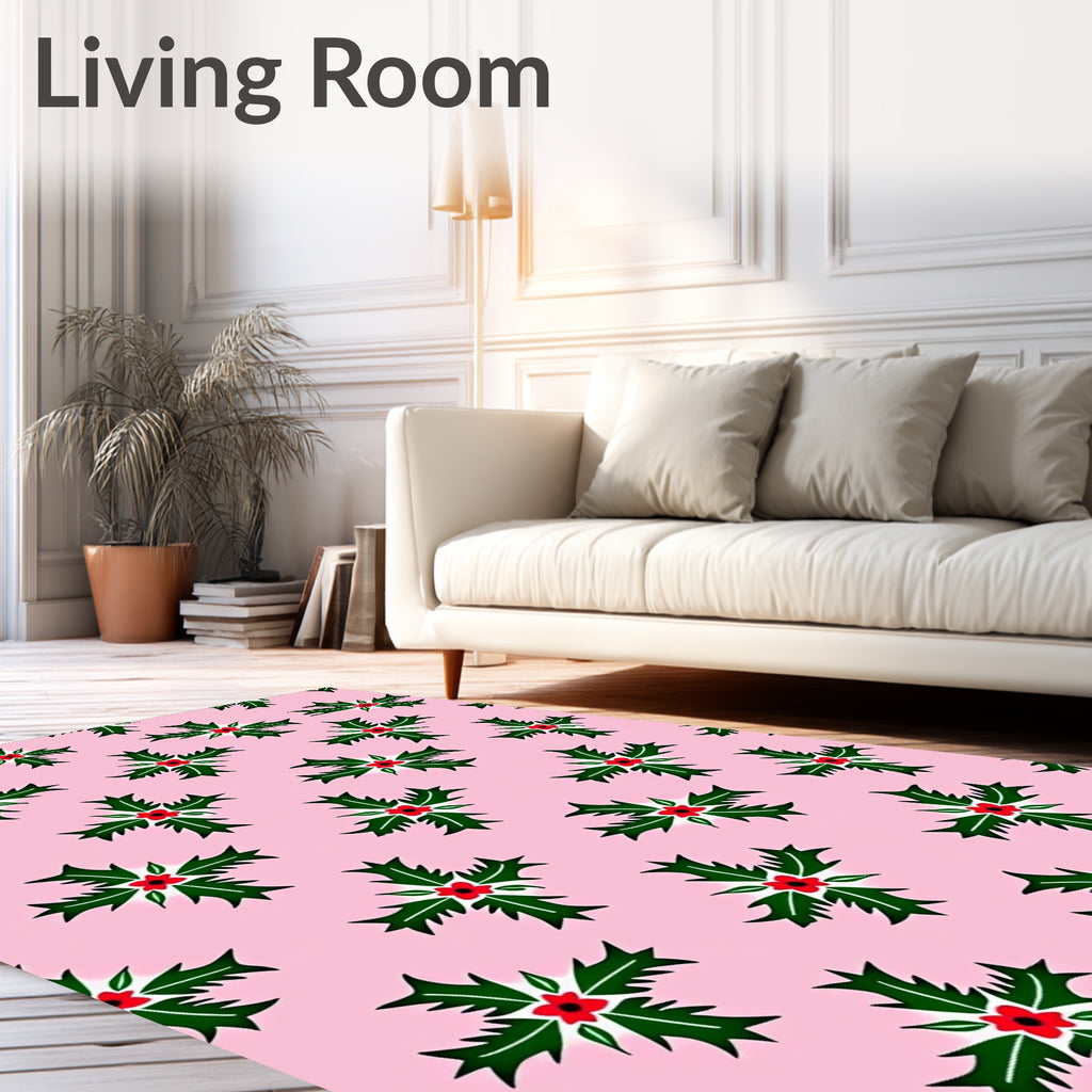 Pink Background Green Holly Red Berries Rug