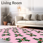 Pink Background Green Holly Red Berries Rug